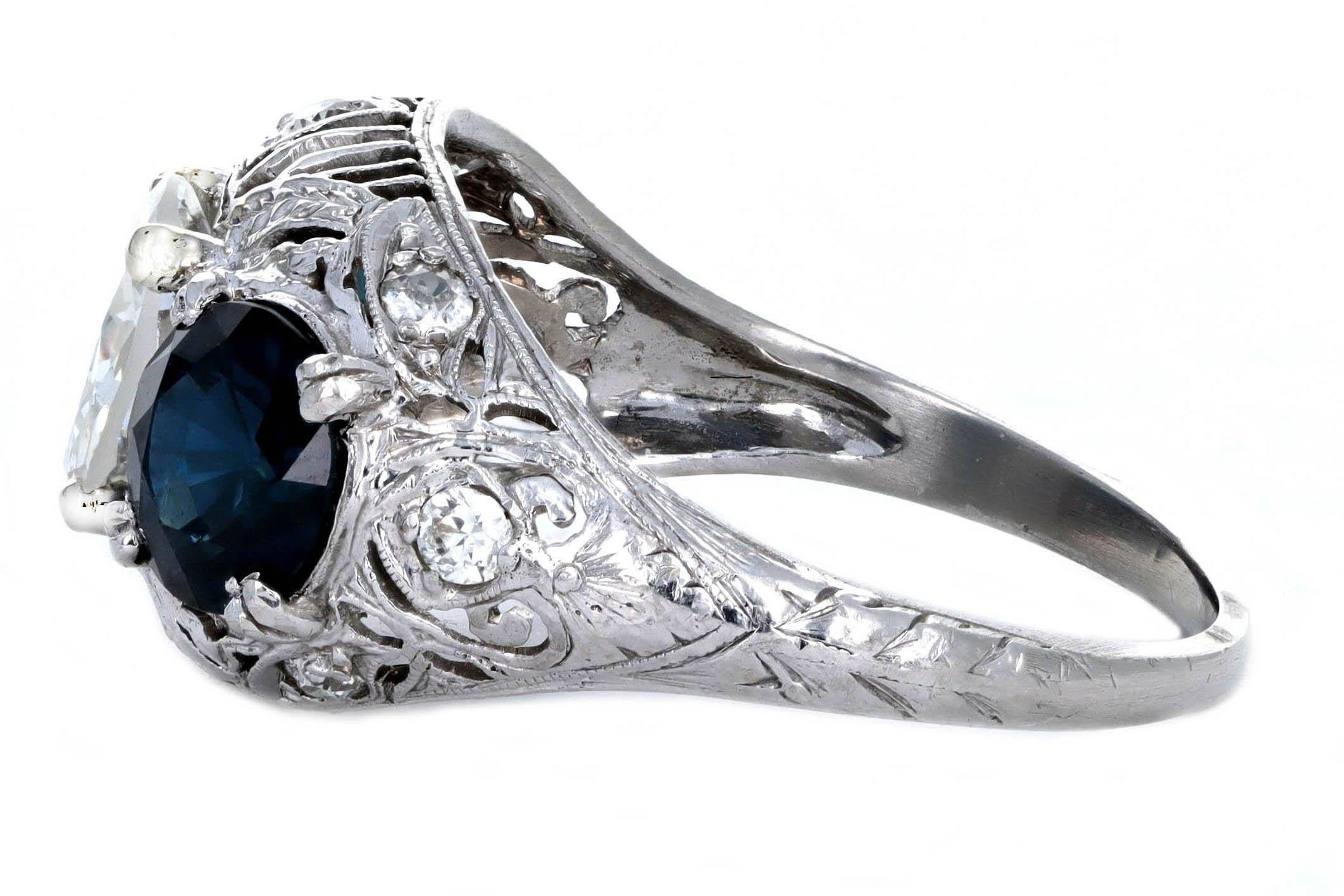 Old European Cut Art Deco Platinum 1.47 Carat Old European Diamond Three Stone Sapphire Ring For Sale