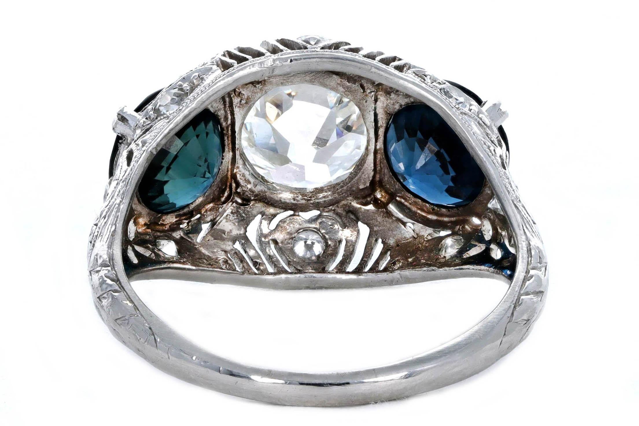 Art Deco Platinum 1.47 Carat Old European Diamond Three Stone Sapphire Ring In Excellent Condition For Sale In Cape May, NJ