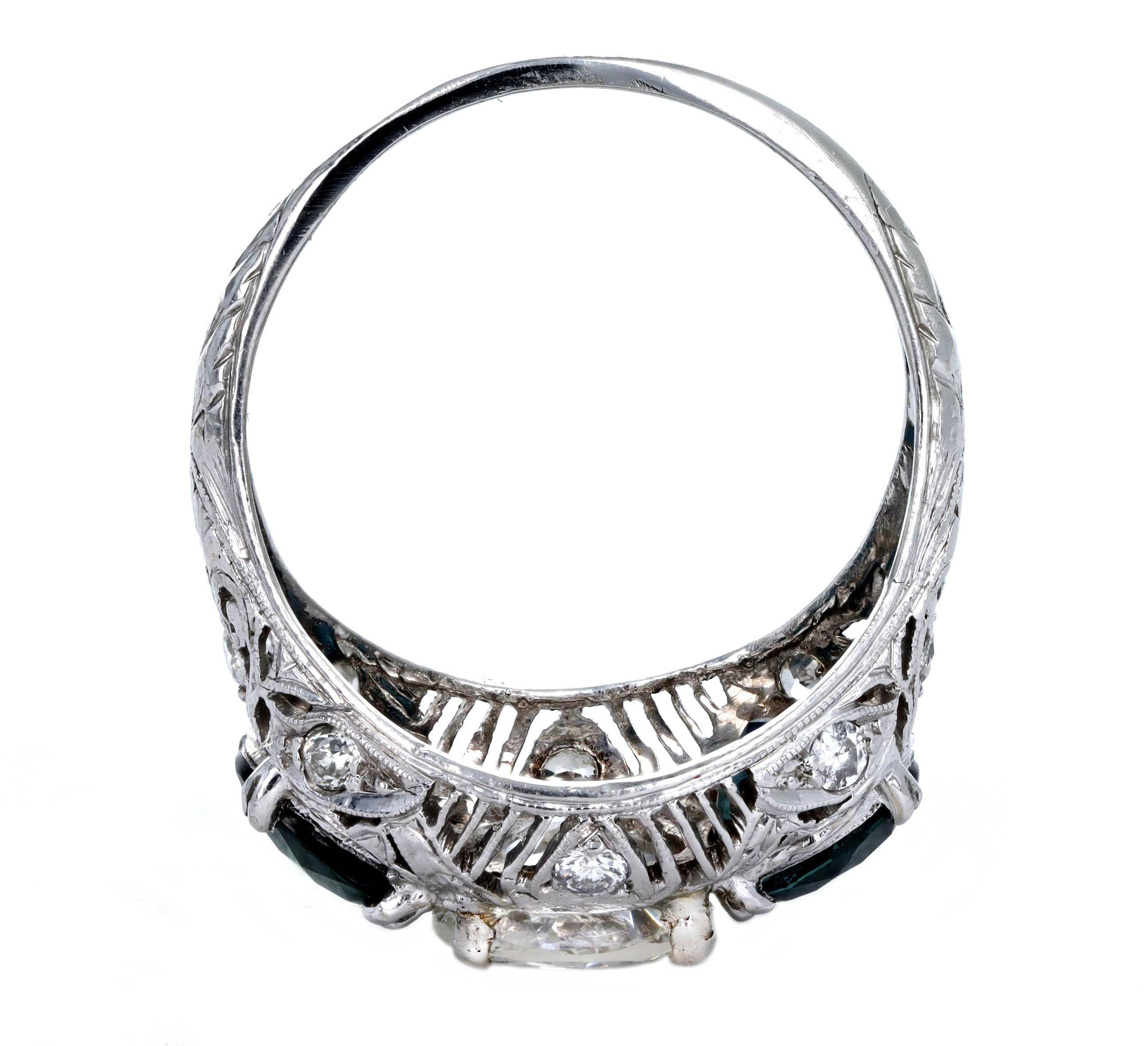 Women's Art Deco Platinum 1.47 Carat Old European Diamond Three Stone Sapphire Ring For Sale