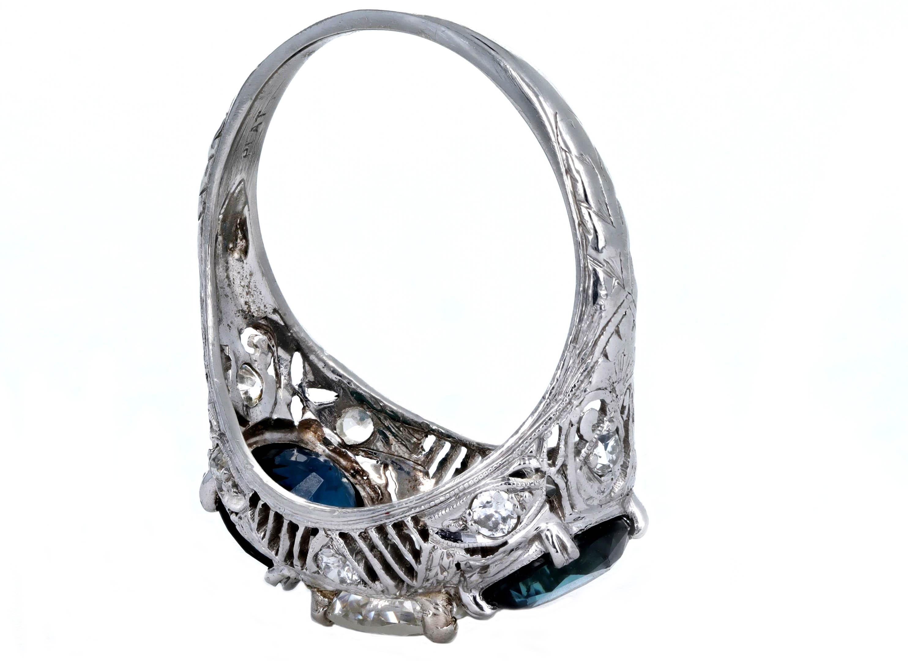 Art Deco Platinum 1.47 Carat Old European Diamond Three Stone Sapphire Ring For Sale 1