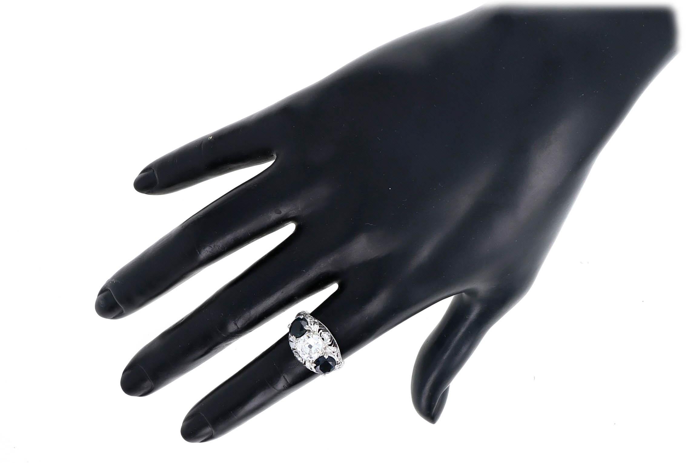 Art Deco Platinum 1.47 Carat Old European Diamond Three Stone Sapphire Ring For Sale 2