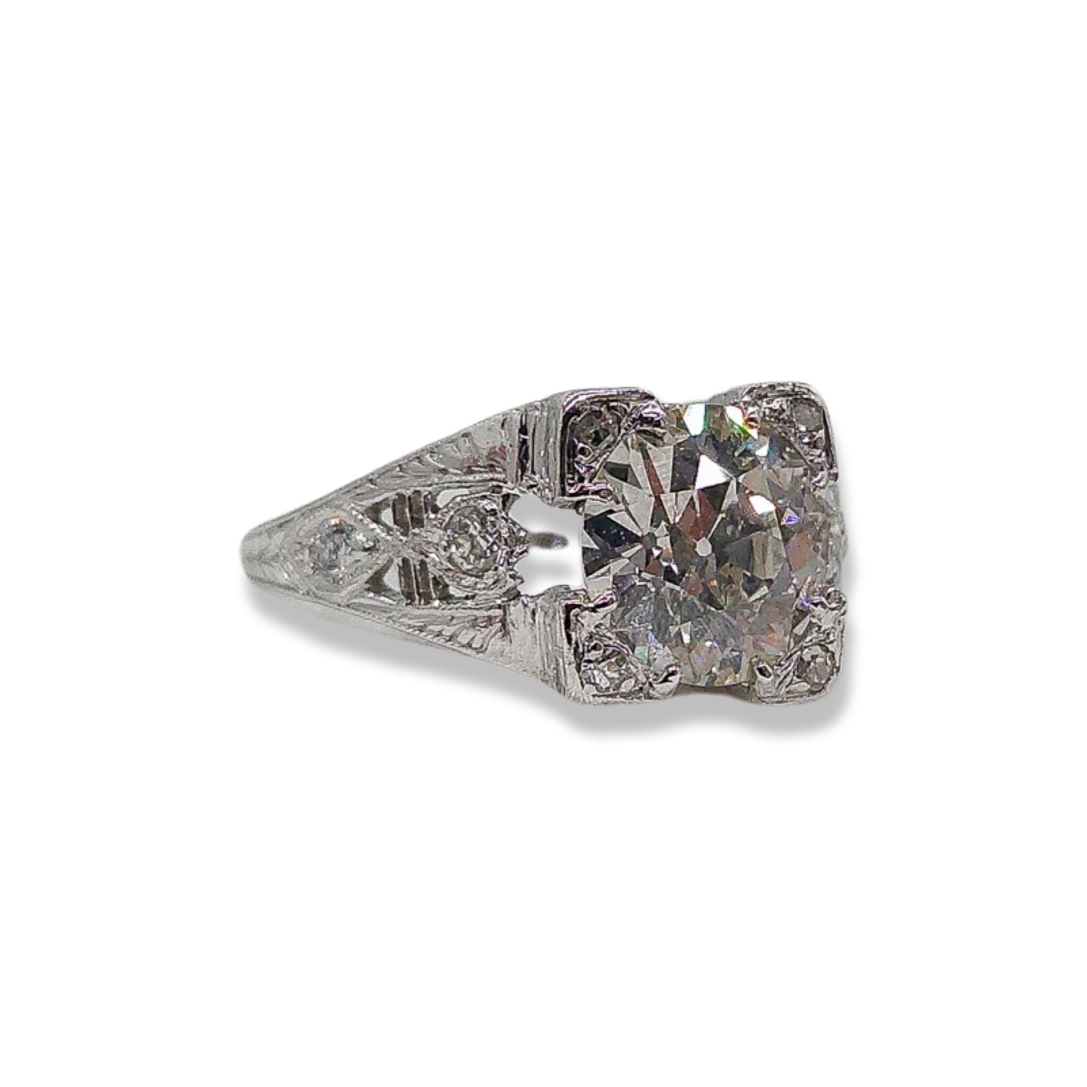 Old European Cut Art Deco Platinum 1.47ct Old European Diamond Ring For Sale