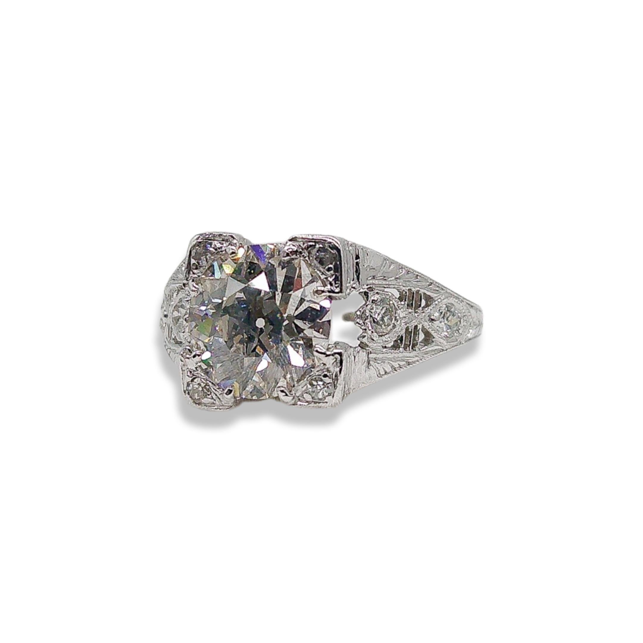 Art Deco Platinum 1.47ct Old European Diamond Ring In Excellent Condition For Sale In Montgomery, AL
