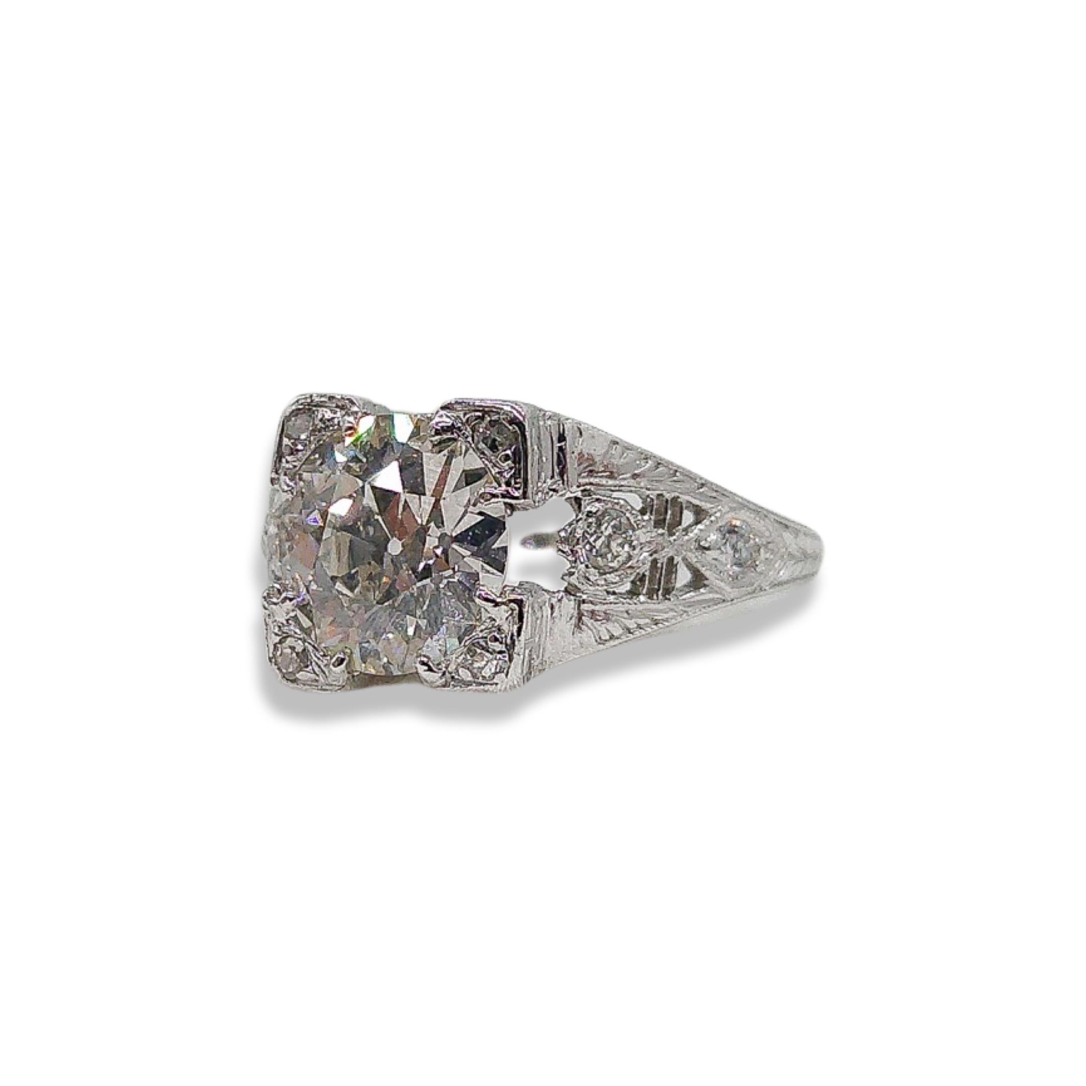 Art Deco Platin 1,47 Karat Diamantring mit alteuropäischem Diamanten Damen im Angebot