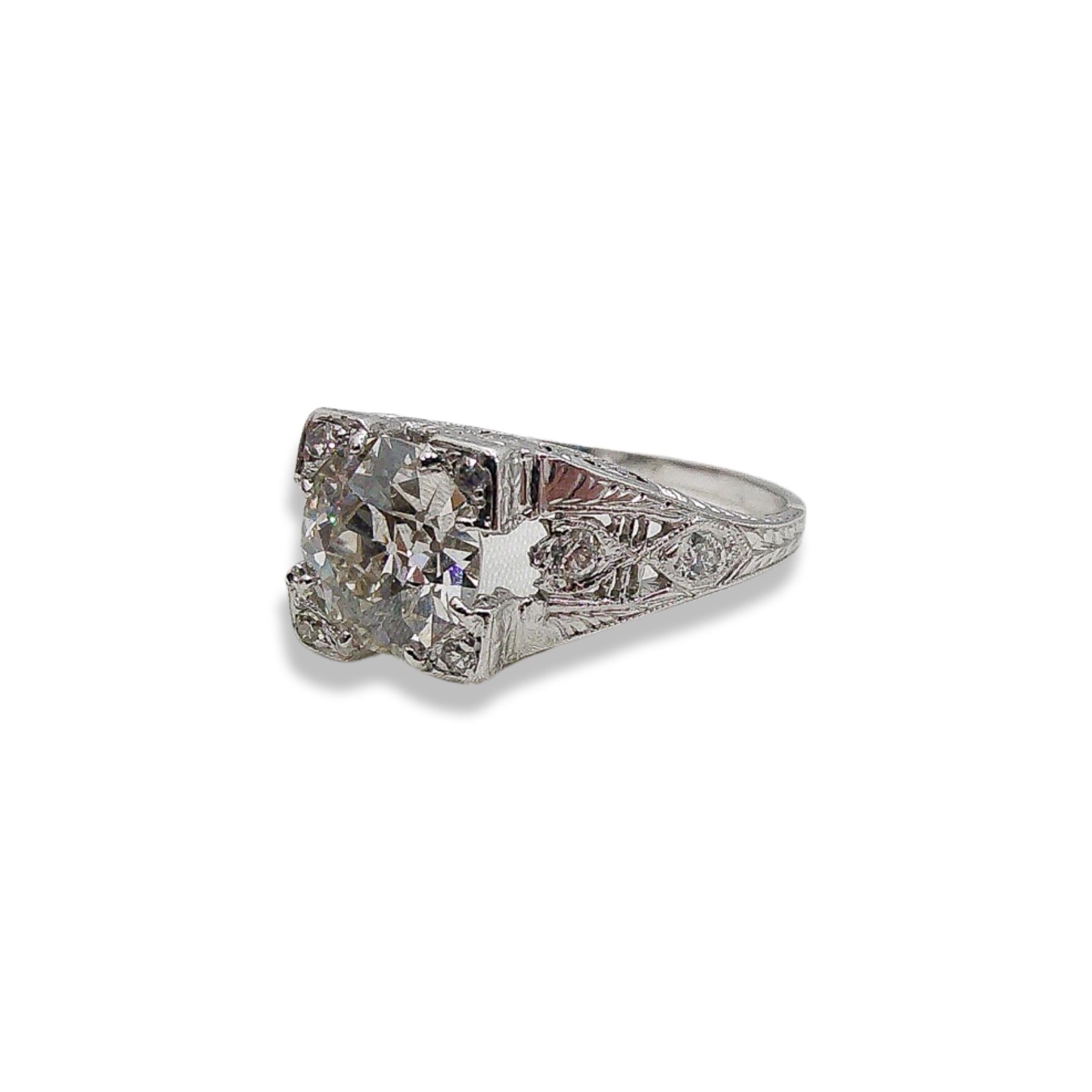 Art Deco Platin 1,47 Karat Diamantring mit alteuropäischem Diamanten im Angebot 3