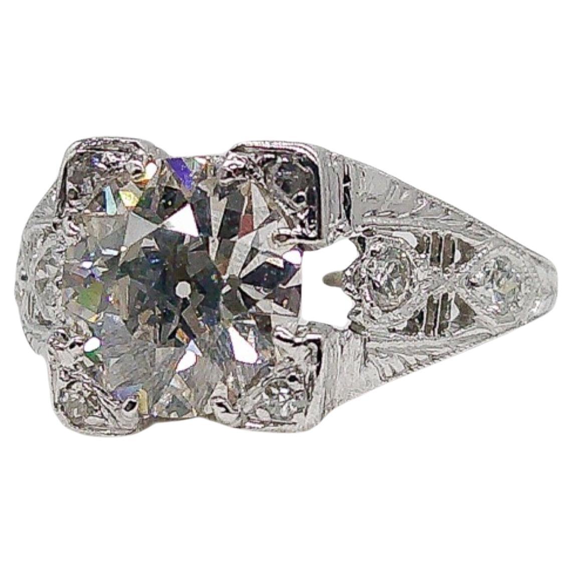 Art Deco Platinum 1.47ct Old European Diamond Ring For Sale