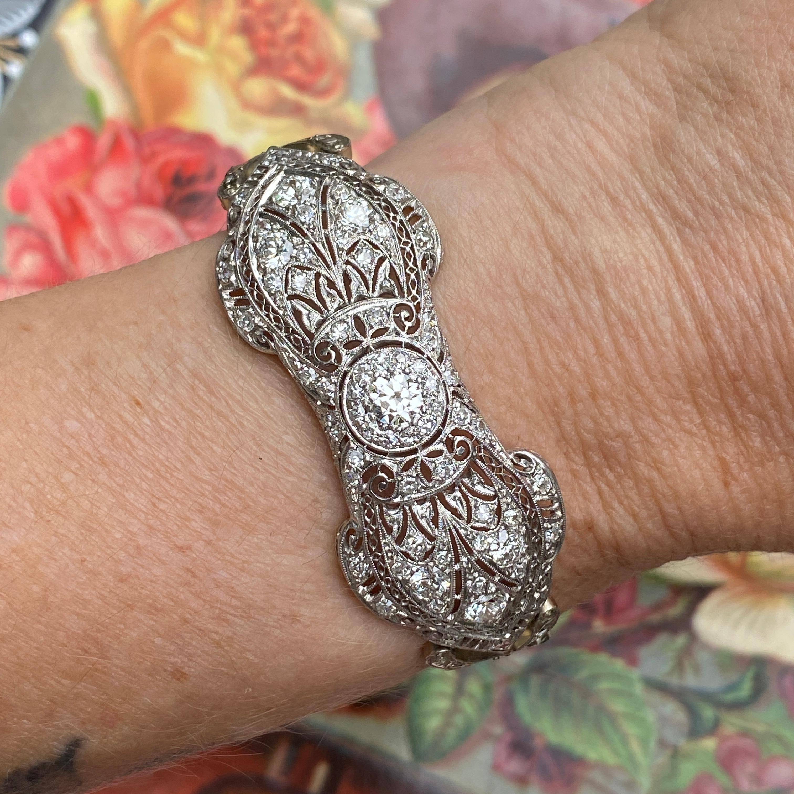Art Deco Platinum 14K 3ct Diamond Filigree Bracelet For Sale 6