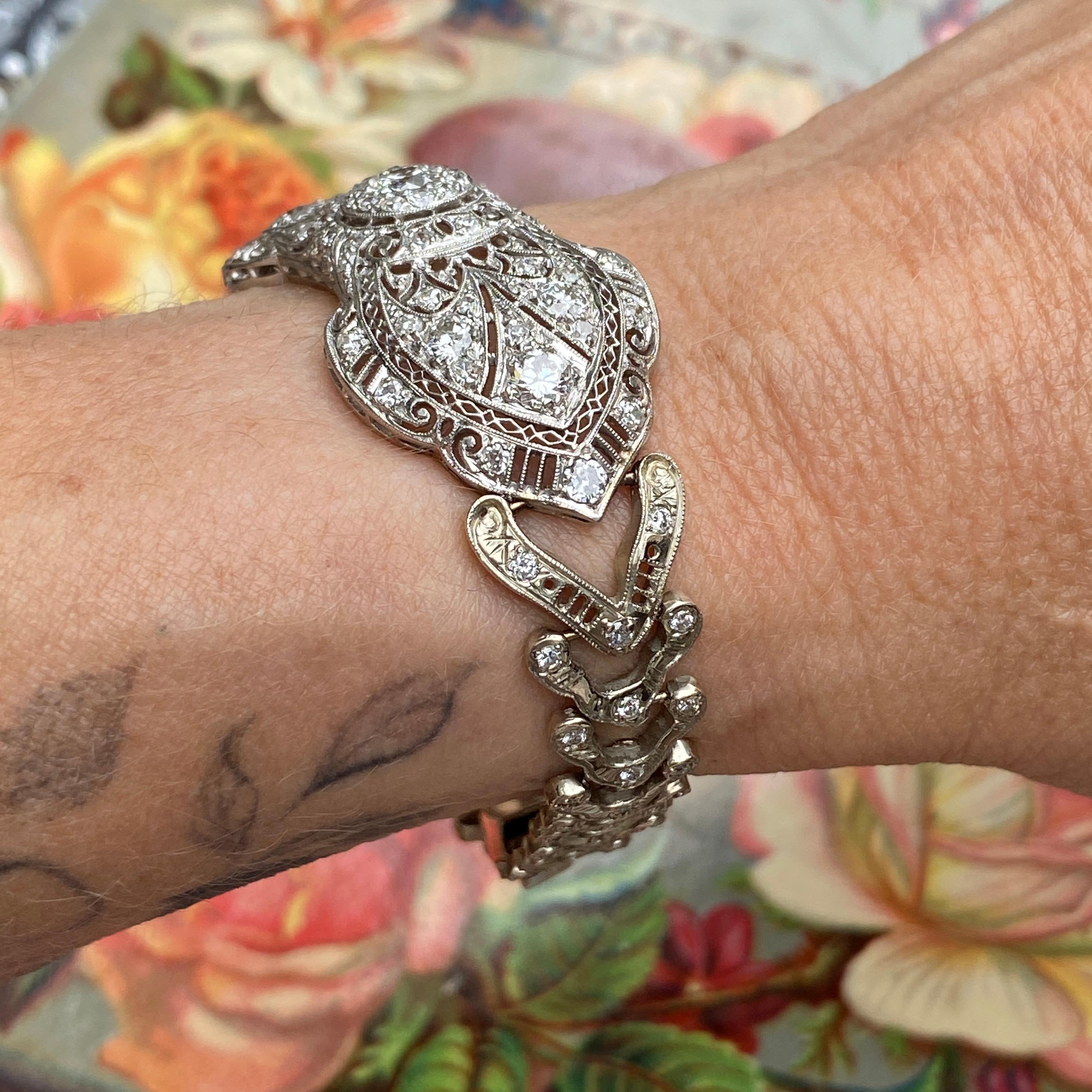 Art Deco Platinum 14K 3ct Diamond Filigree Bracelet For Sale 7