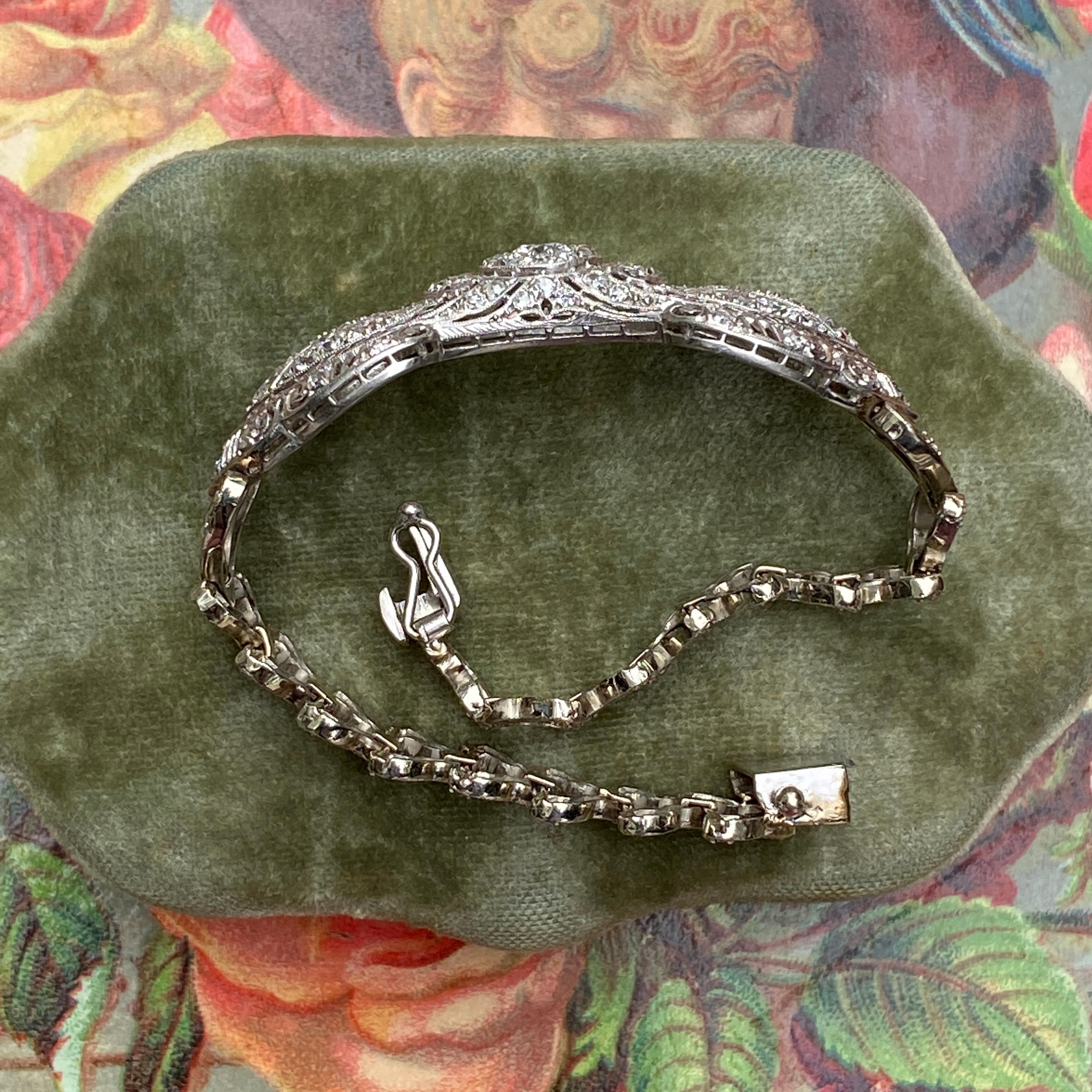 Art Deco Platinum 14K 3ct Diamond Filigree Bracelet For Sale 9
