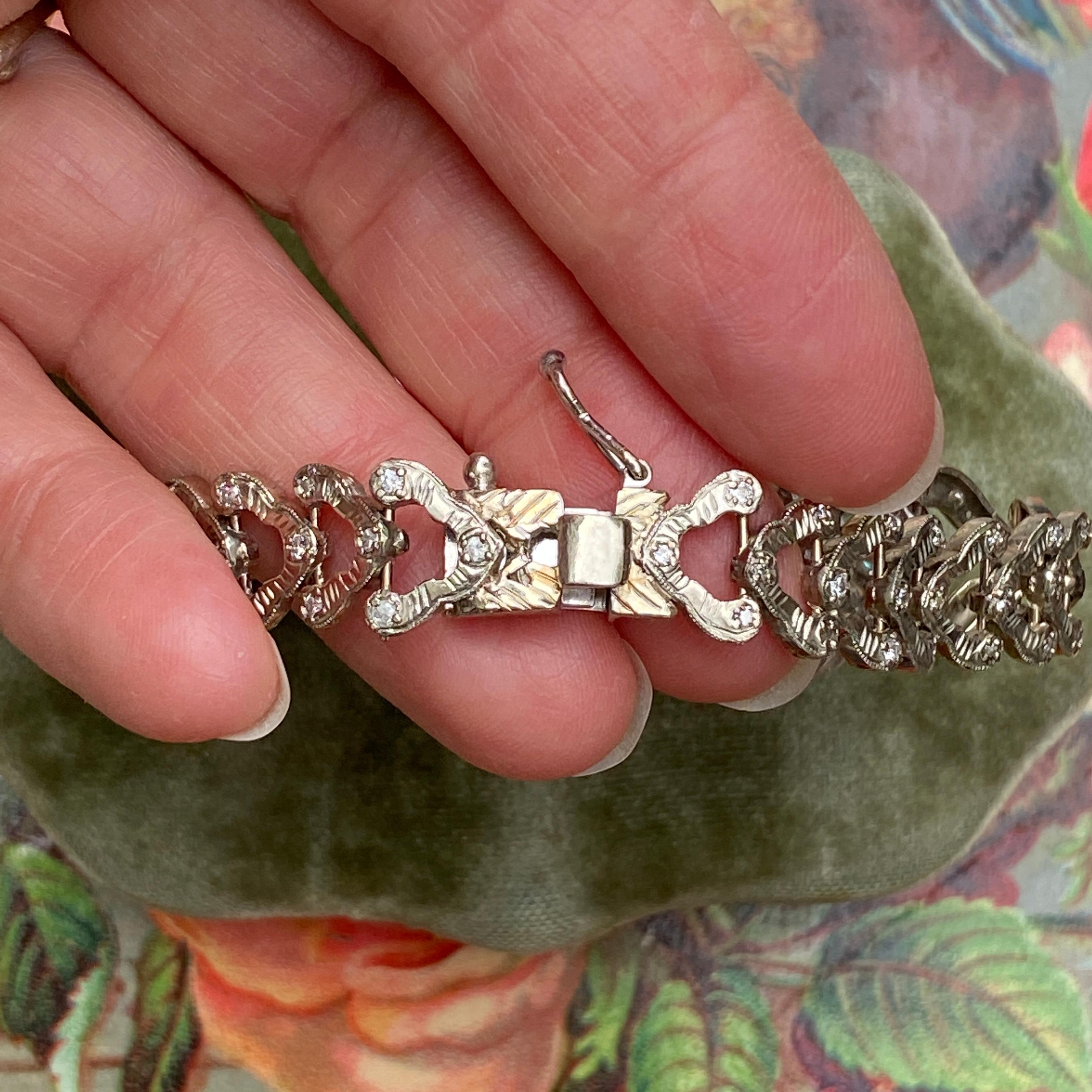 Art Deco Platinum 14K 3ct Diamond Filigree Bracelet For Sale 10