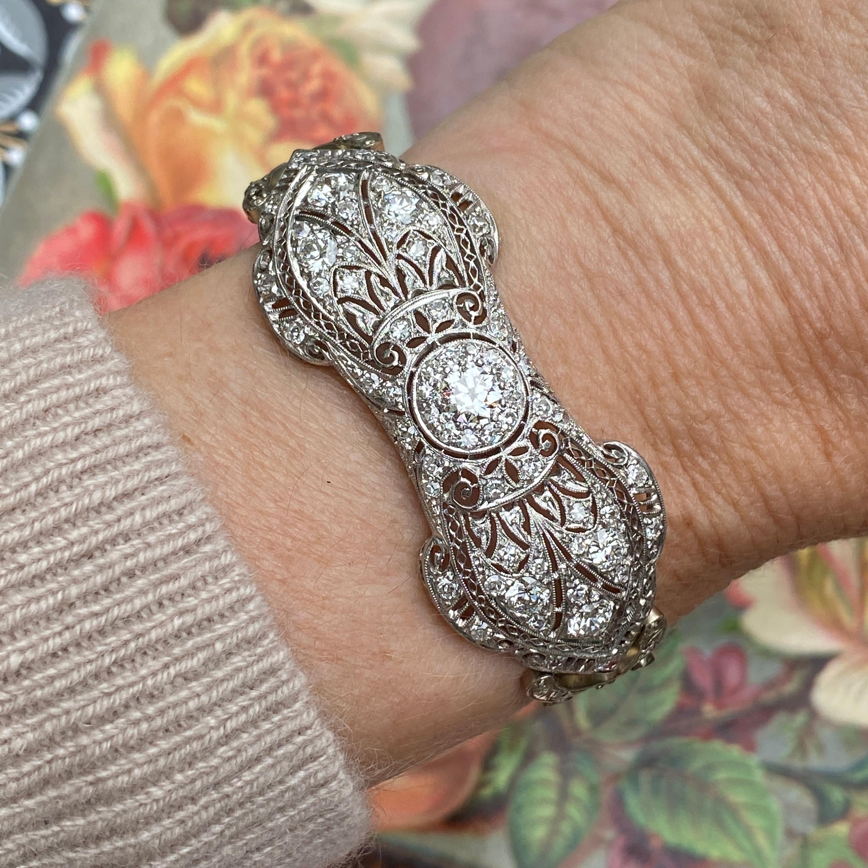 Old European Cut Art Deco Platinum 14K 3ct Diamond Filigree Bracelet For Sale