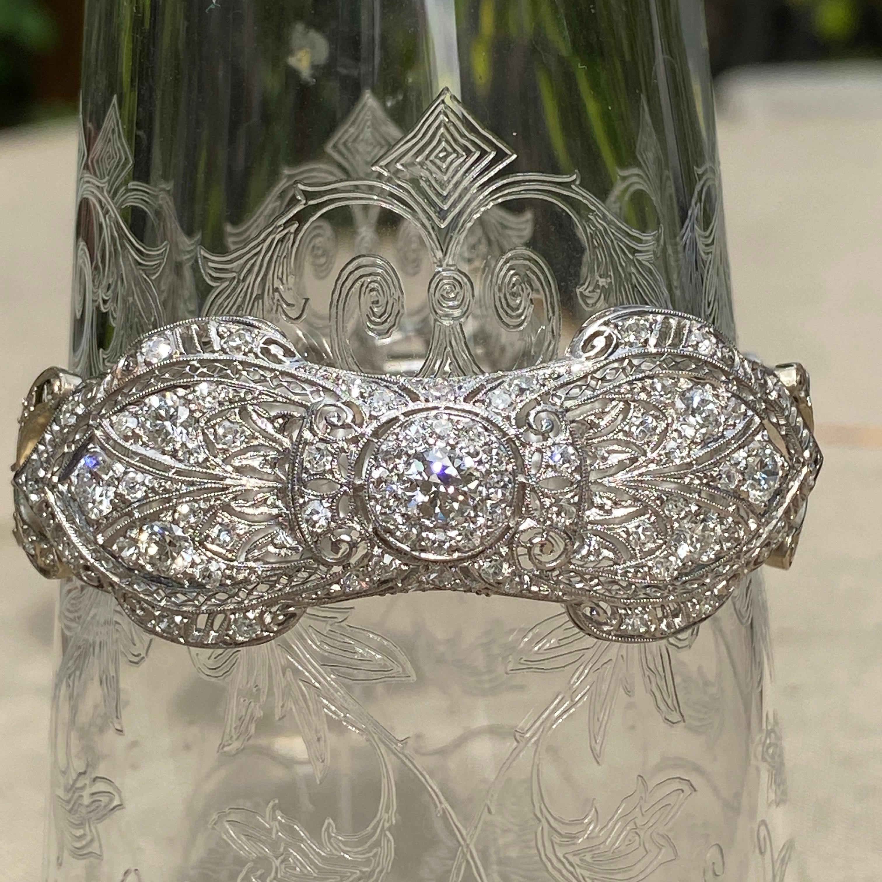 Women's Art Deco Platinum 14K 3ct Diamond Filigree Bracelet For Sale