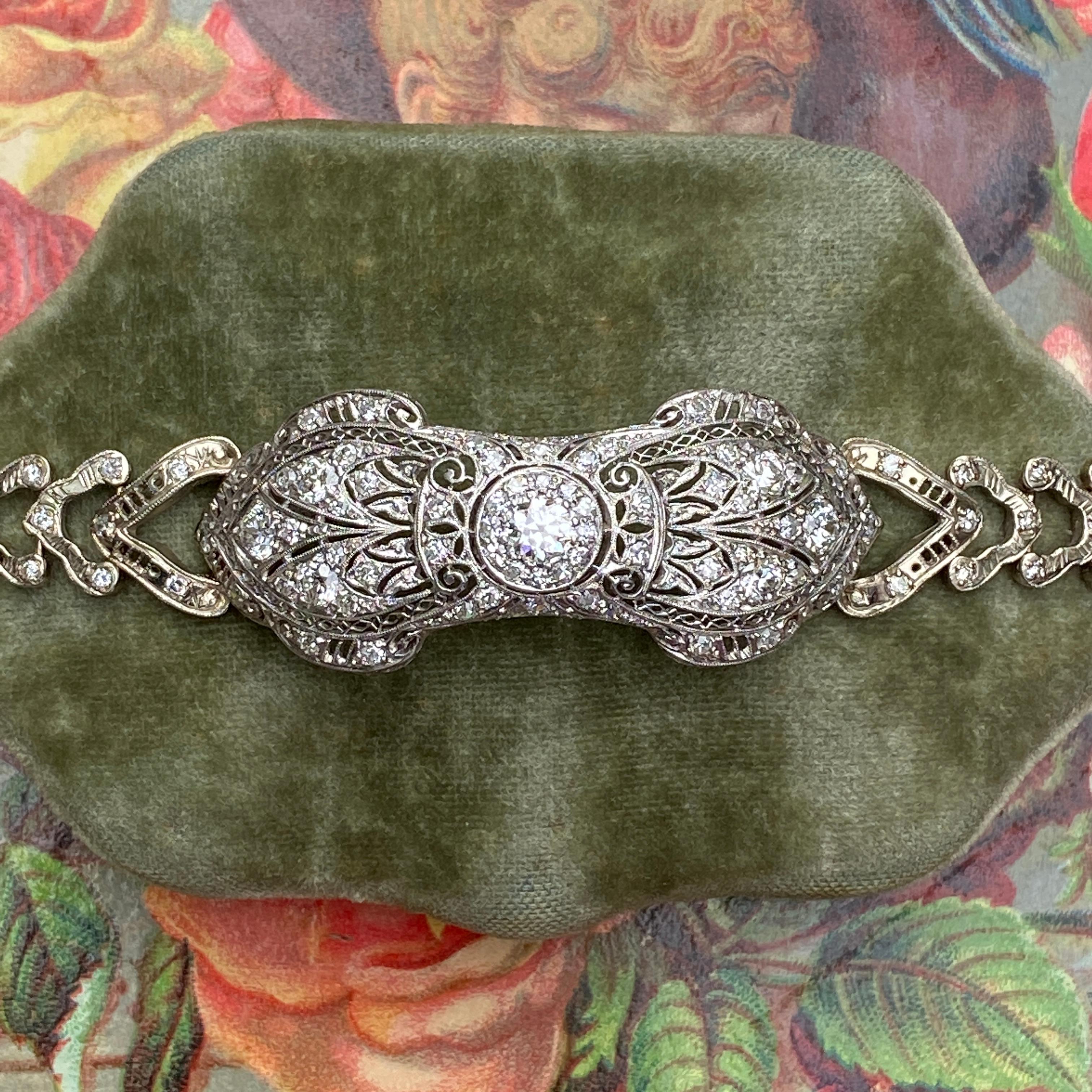 Art Deco Platinum 14K 3ct Diamond Filigree Bracelet For Sale 1