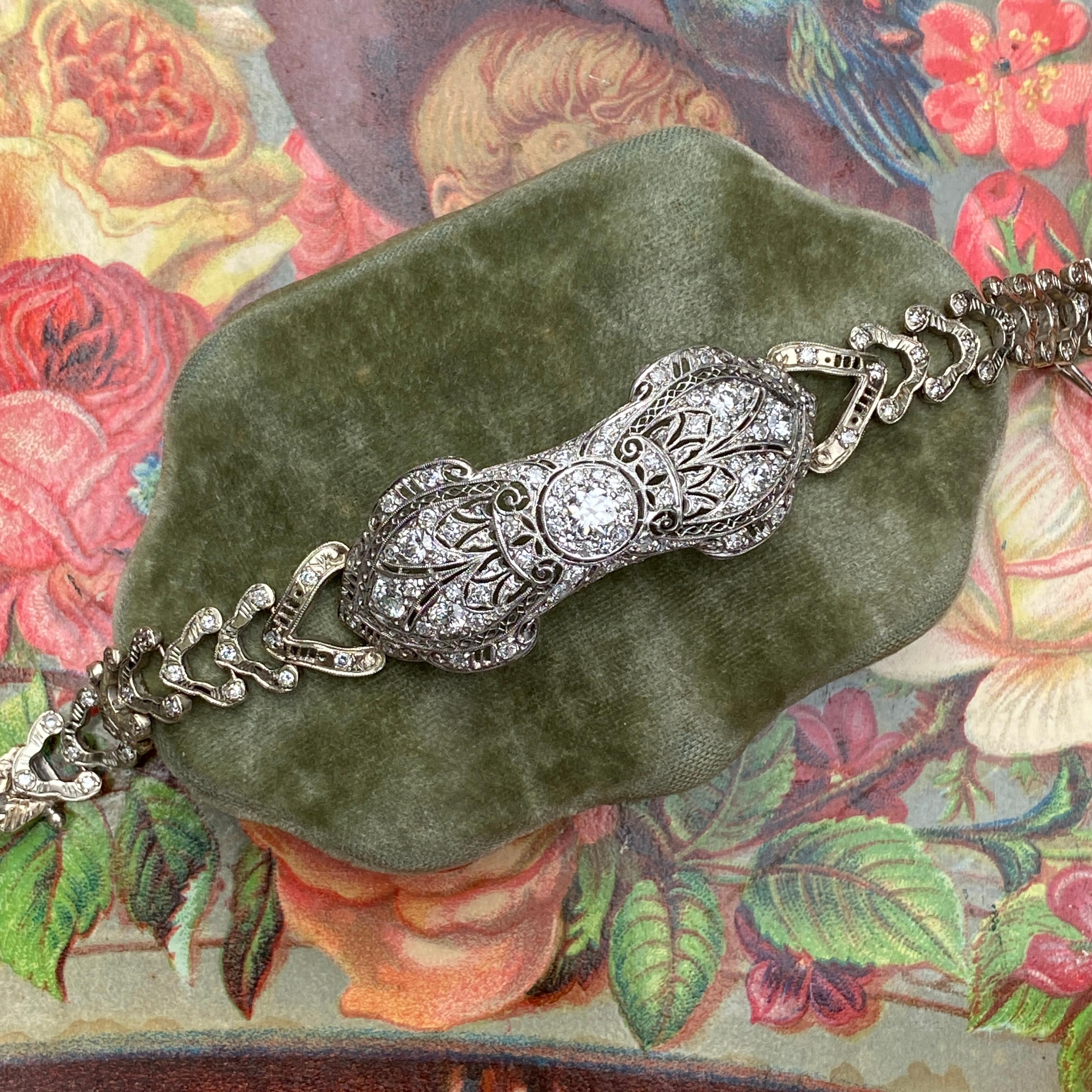 Art Deco Platinum 14K 3ct Diamond Filigree Bracelet For Sale 3
