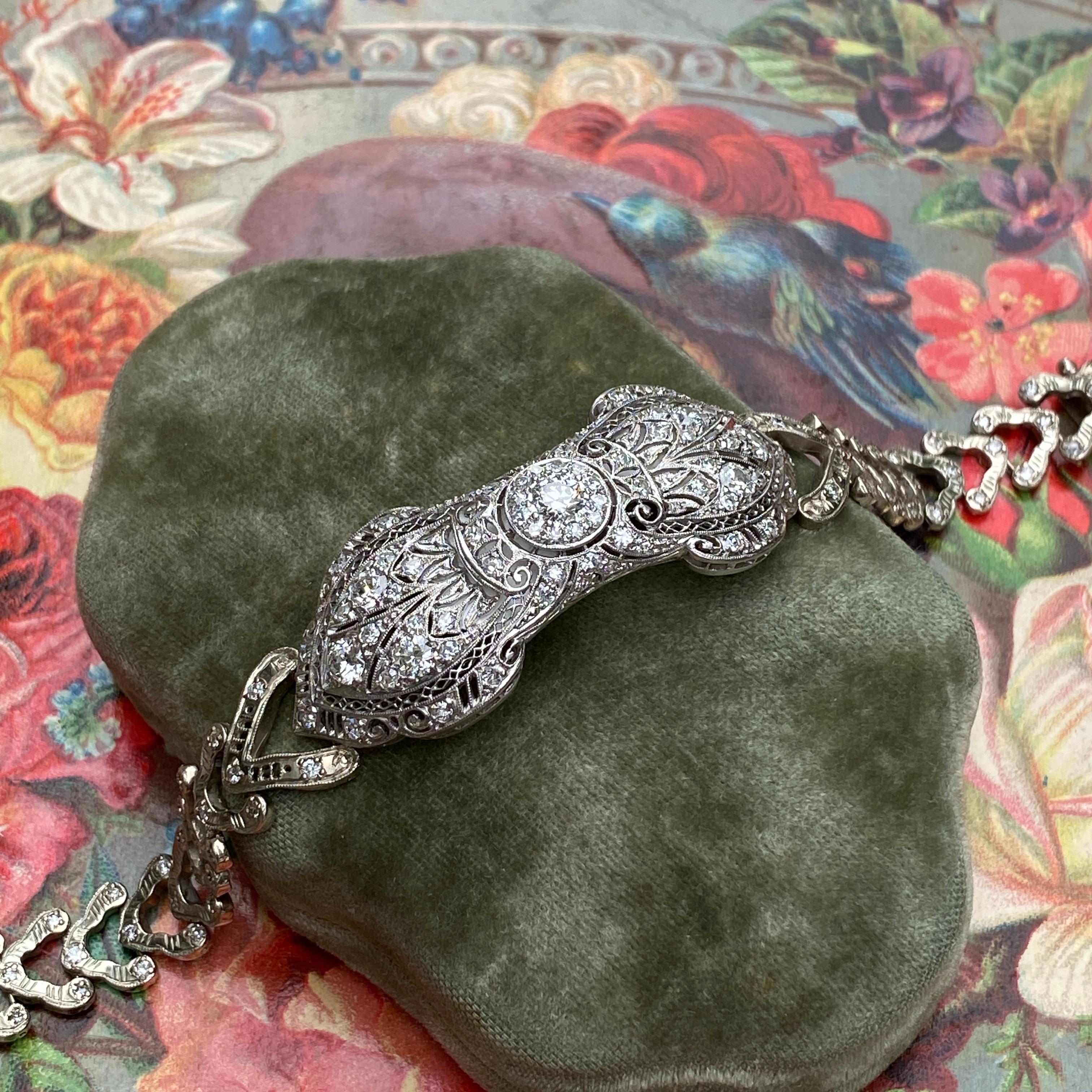 Art Deco Platinum 14K 3ct Diamond Filigree Bracelet For Sale 4