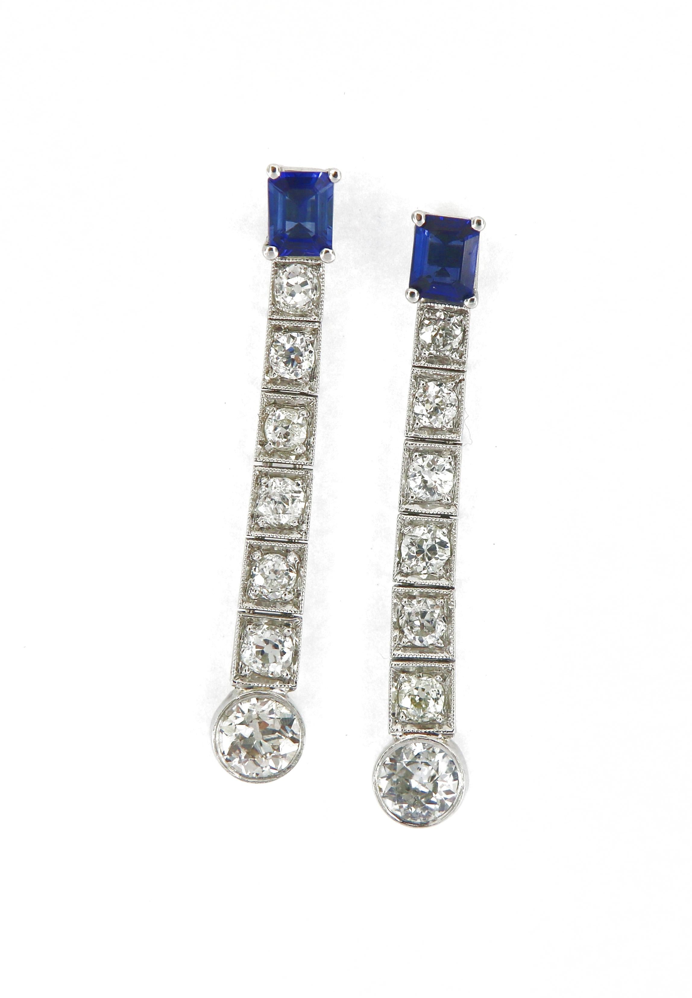 Women's Art Deco Platinum 14 Karat Diamond and Sapphire Drop Earring