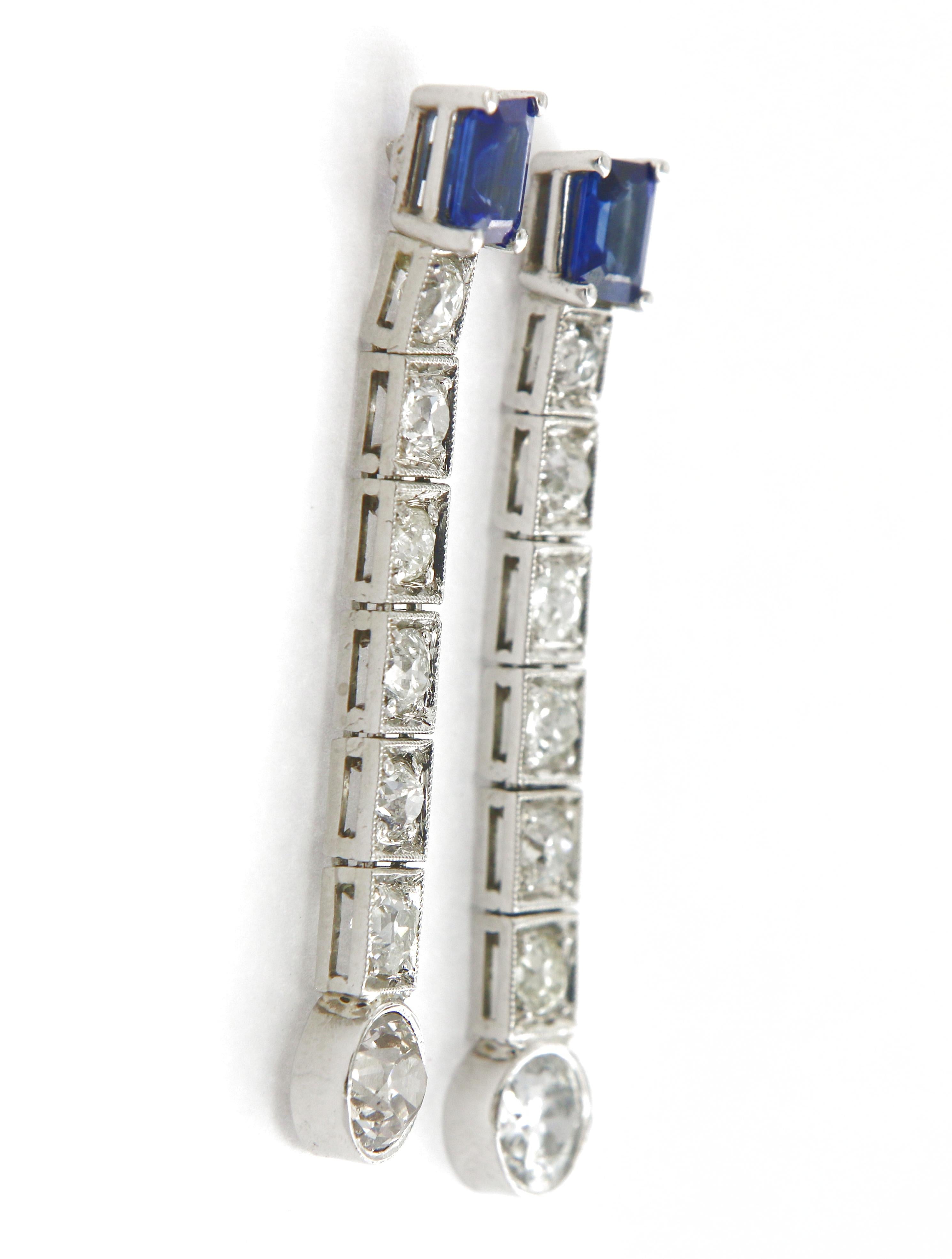 Art Deco Platinum 14 Karat Diamond and Sapphire Drop Earring 3