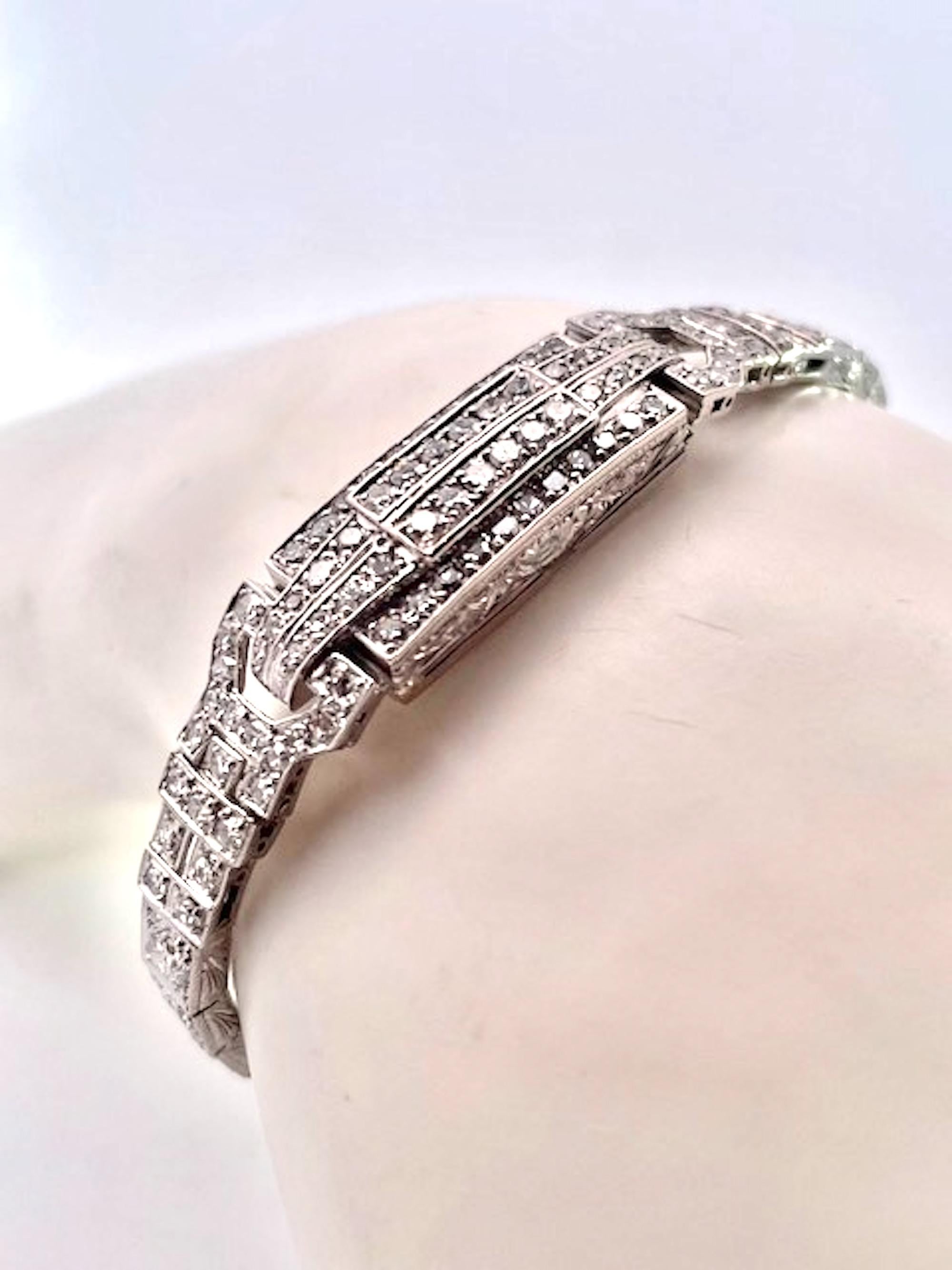 Pulsera Art Decó Platino Oro Blanco 14K Diamantes en venta 6