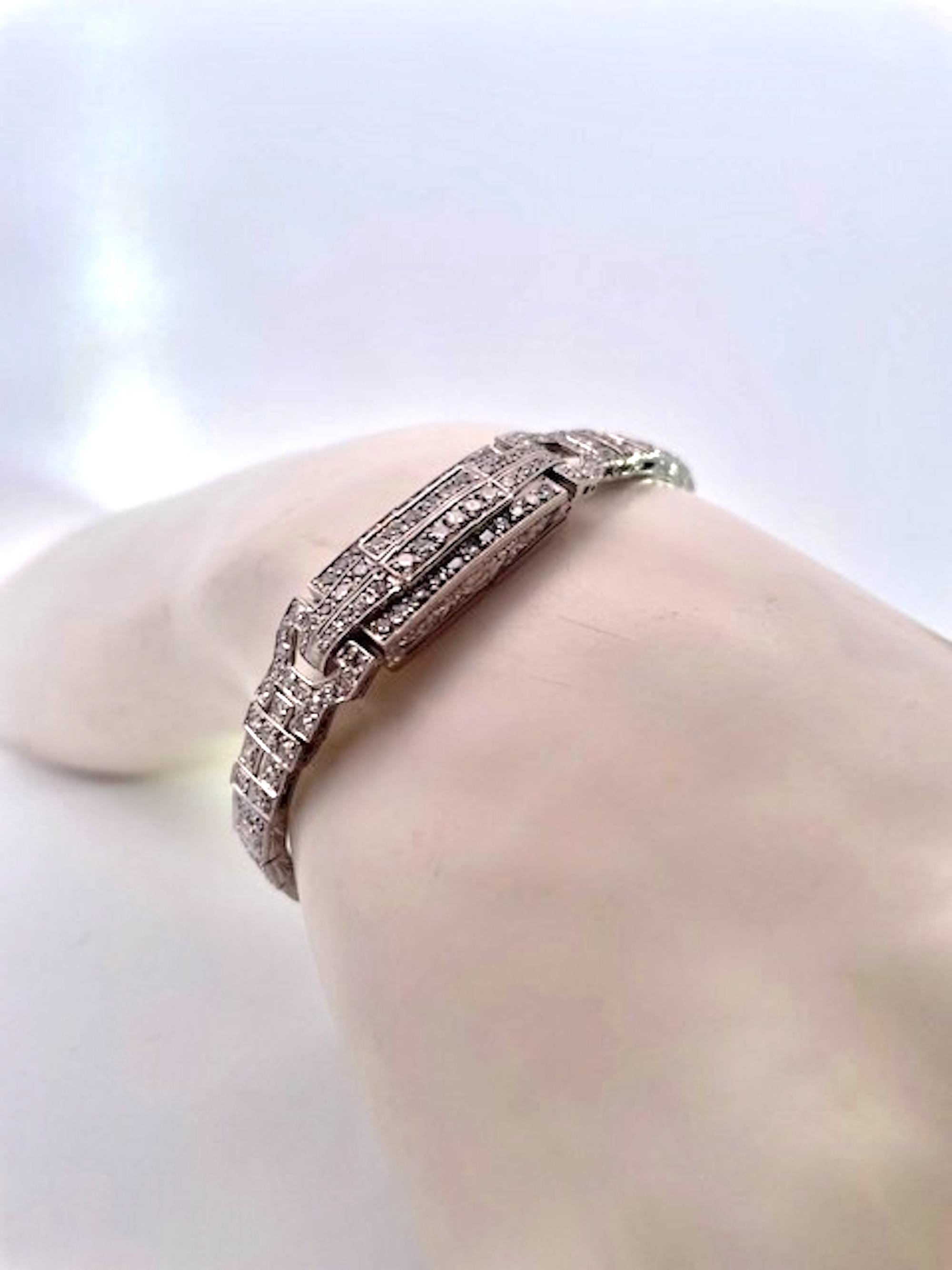 Pulsera Art Decó Platino Oro Blanco 14K Diamantes Corte redondo en venta