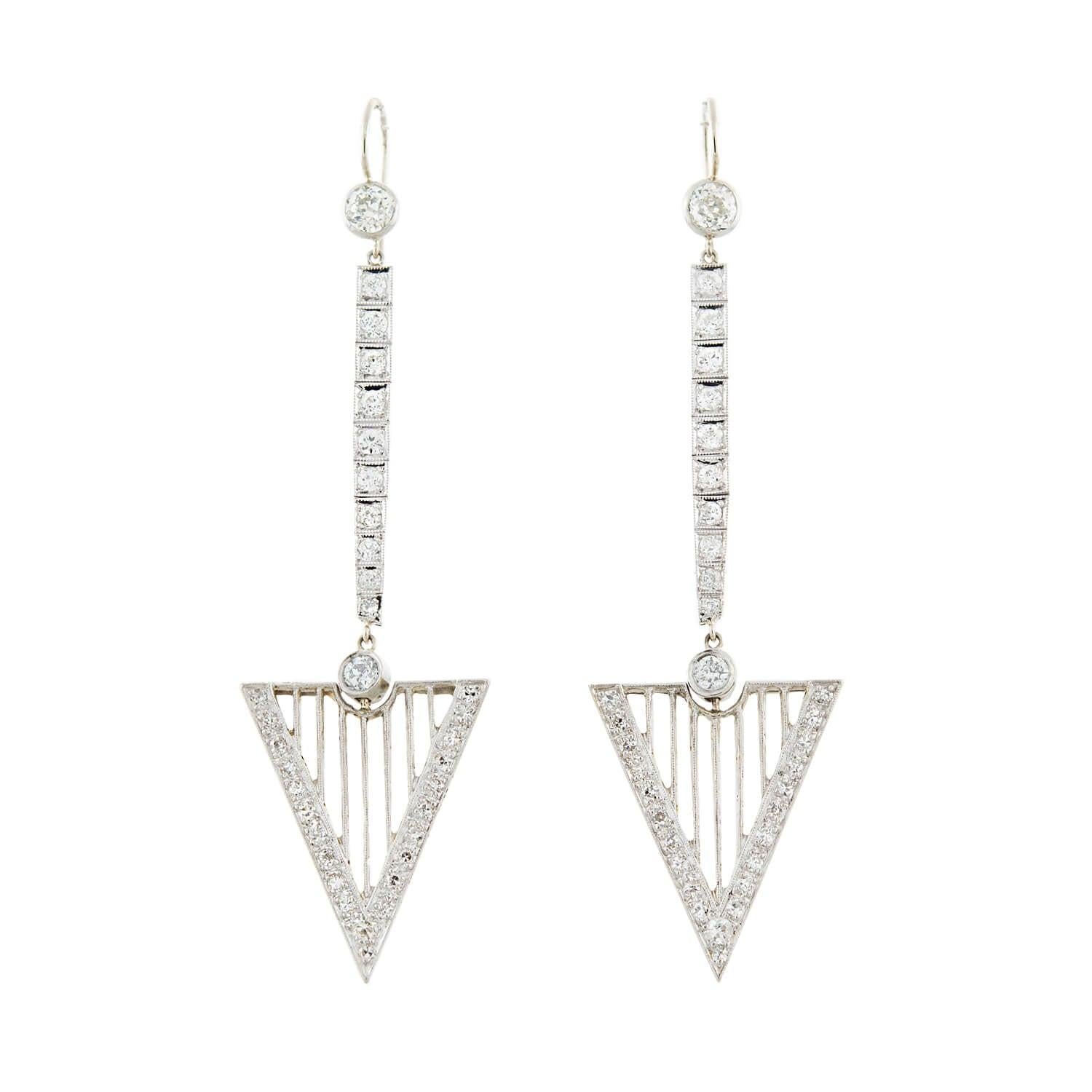 Old Mine Cut Art Deco Platinum/14kt + Diamond Arrow Dangle Earrings 2.65ctw