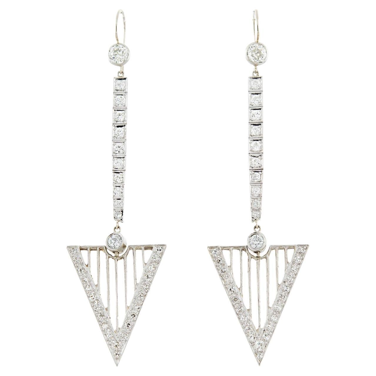 Art Deco Platinum/14kt + Diamond Arrow Dangle Earrings 2.65ctw