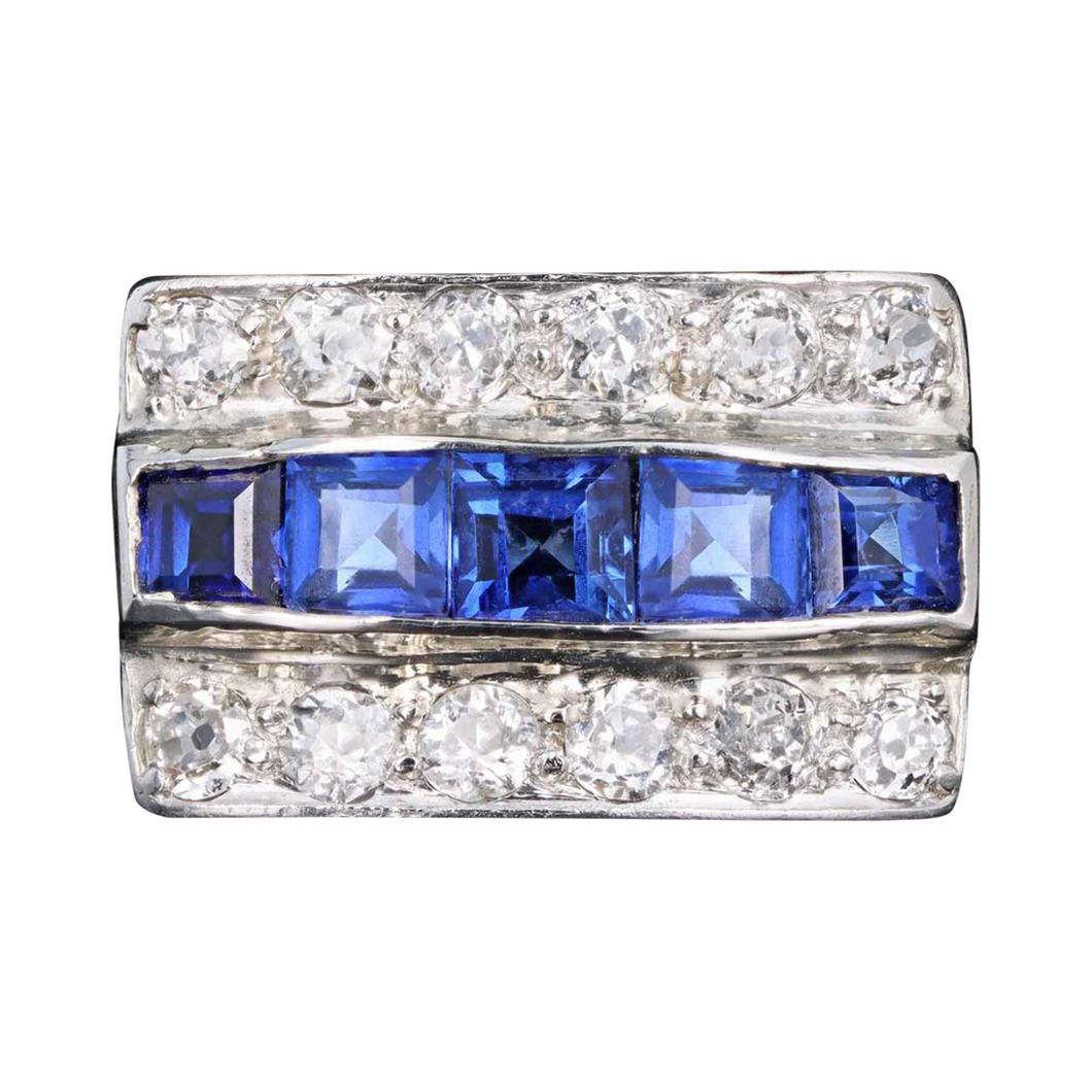 Art Deco Platinum 1.5 Carats in Total Synthetic Sapphire and Old European Cut For Sale