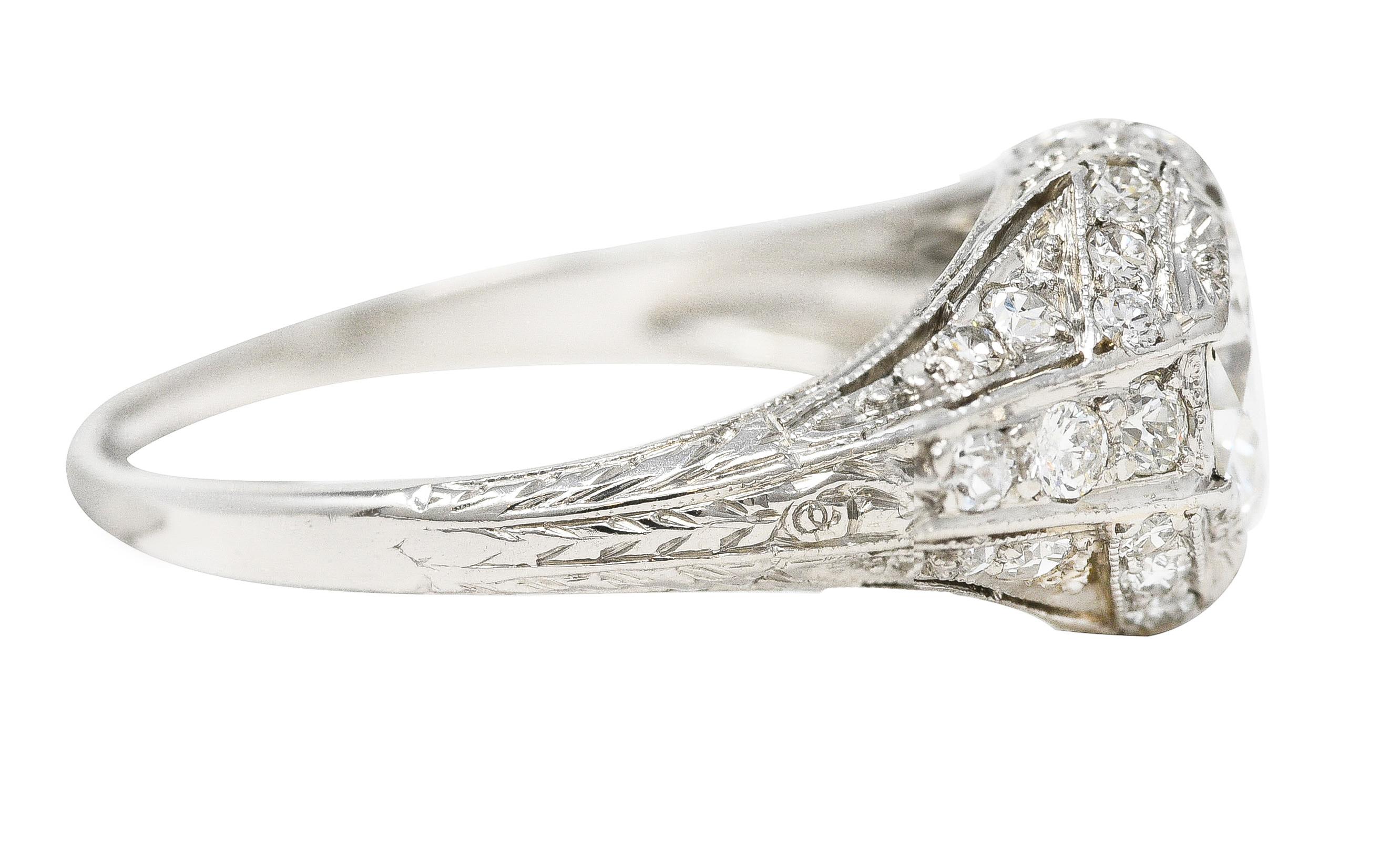 Art Deco Platinum 1.53 Carats Old European Cut Diamond Platinum Engagement Ring In Excellent Condition For Sale In Philadelphia, PA