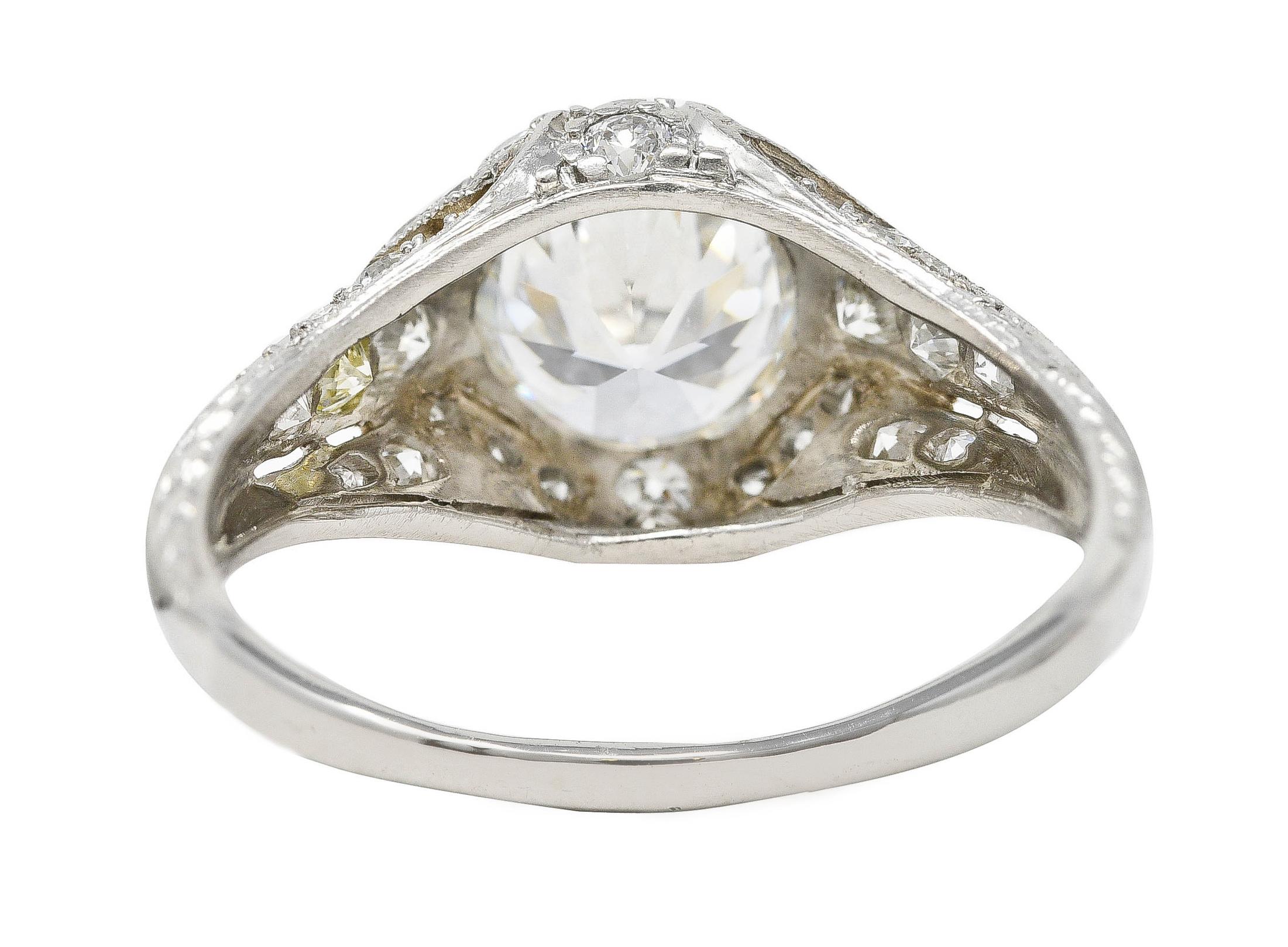 Women's or Men's Art Deco Platinum 1.53 Carats Old European Cut Diamond Platinum Engagement Ring For Sale