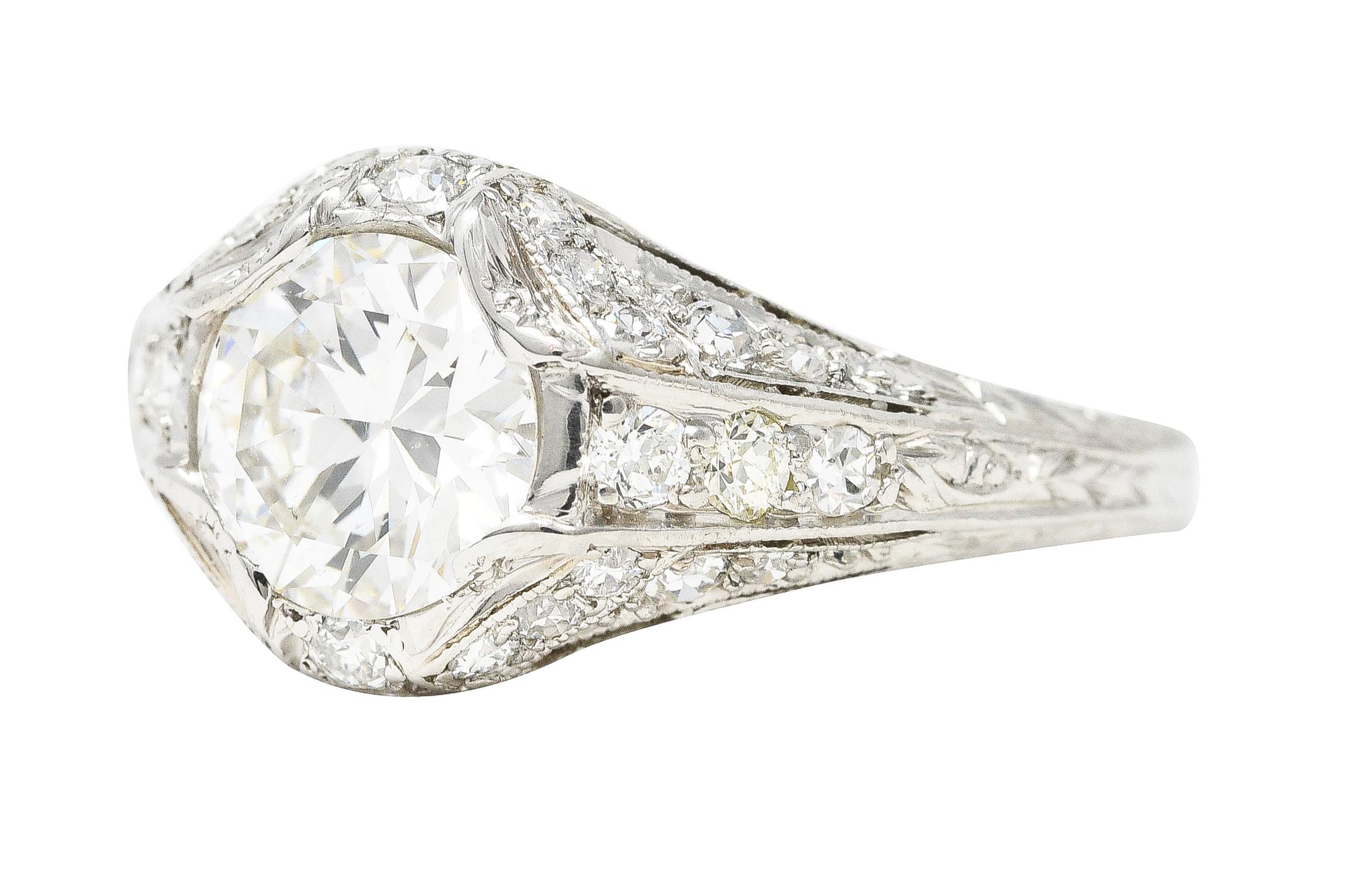 Art Deco Platinum 1.53 Carats Old European Cut Diamond Platinum Engagement Ring For Sale 2