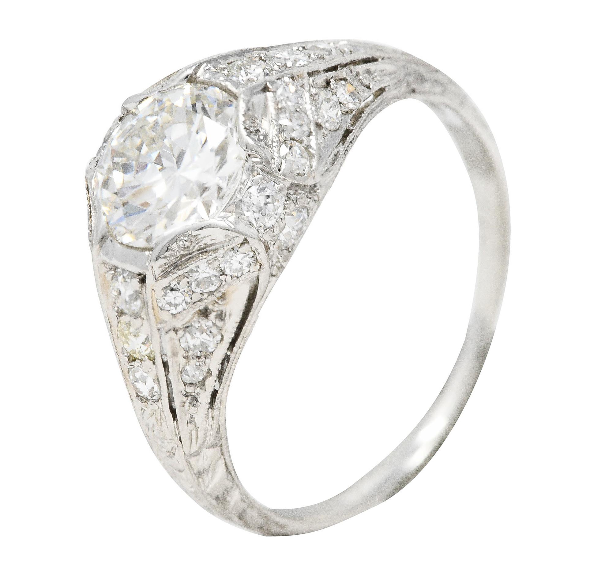 Art Deco Platinum 1.53 Carats Old European Cut Diamond Platinum Engagement Ring For Sale 4