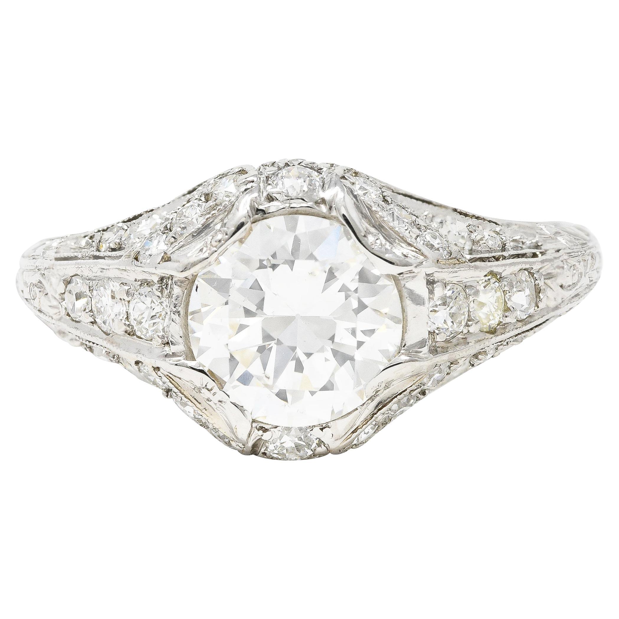 Art Deco Platinum 1.53 Carats Old European Cut Diamond Platinum Engagement Ring For Sale