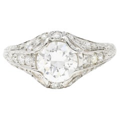 Vintage Art Deco Platinum 1.53 Carats Old European Cut Diamond Platinum Engagement Ring