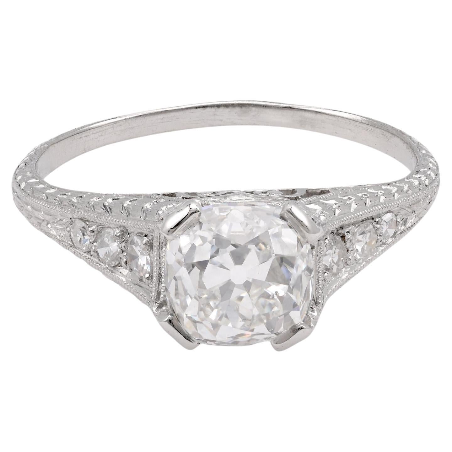Art Deco Platinum 1.58 Carat Square Cut Diamond Filigree Ring