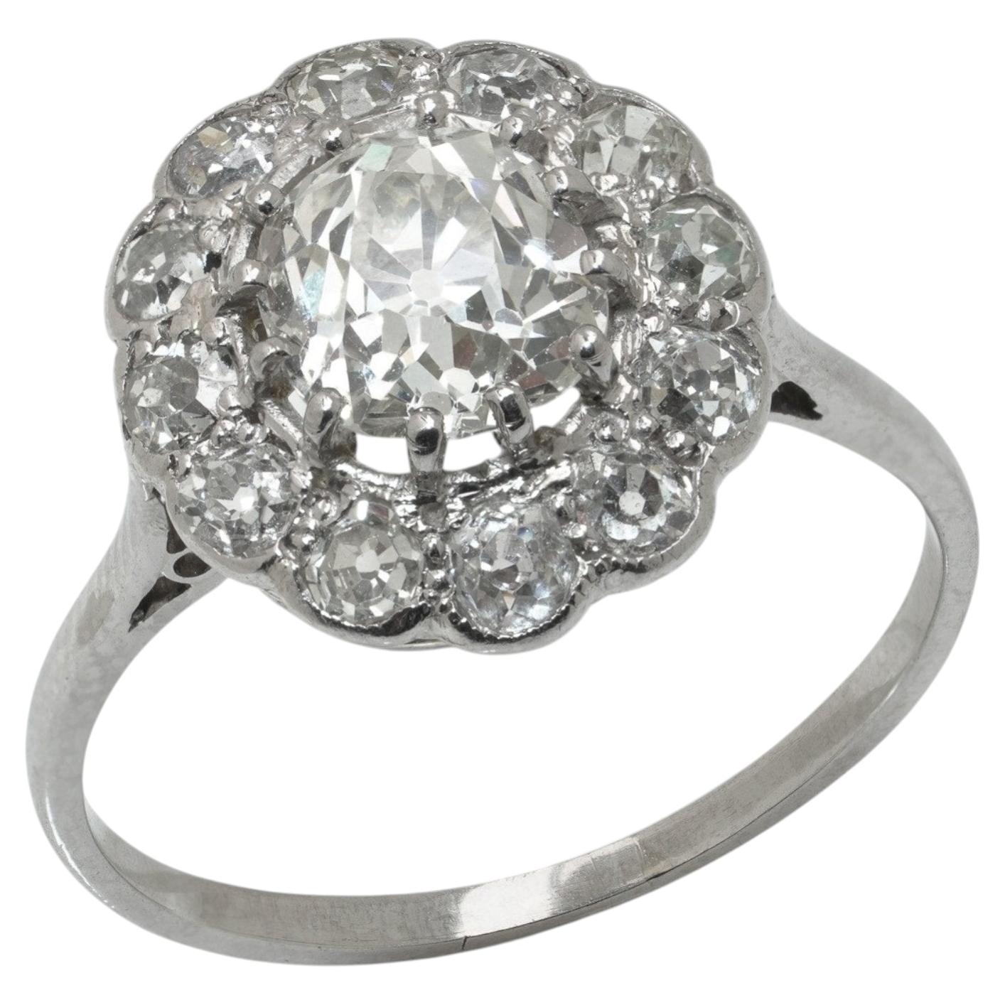 Art Deco Platin 1,69 Altschliff Diamant Cluster Ring im Angebot