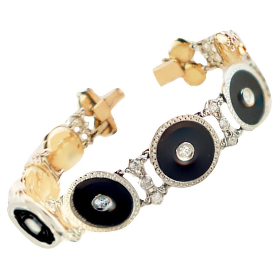 Art Deco Style Platinum 18 Karat European Diamond Black Onyx Bracelet 1.50 Carat