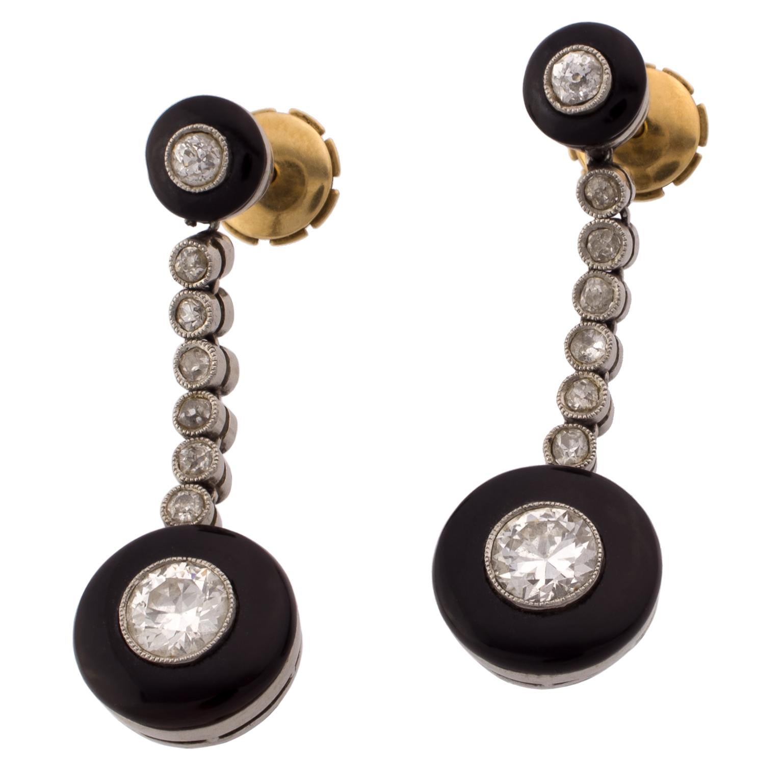 Art Deco Platinum 18 Karat Gold and Onyx Dangle Earrings For Sale