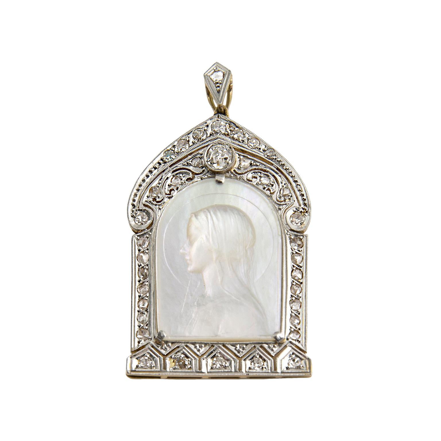 Art Deco Platinum 18 Karat Gold Diamonds Mother of Pearl Madonna Pendant For Sale