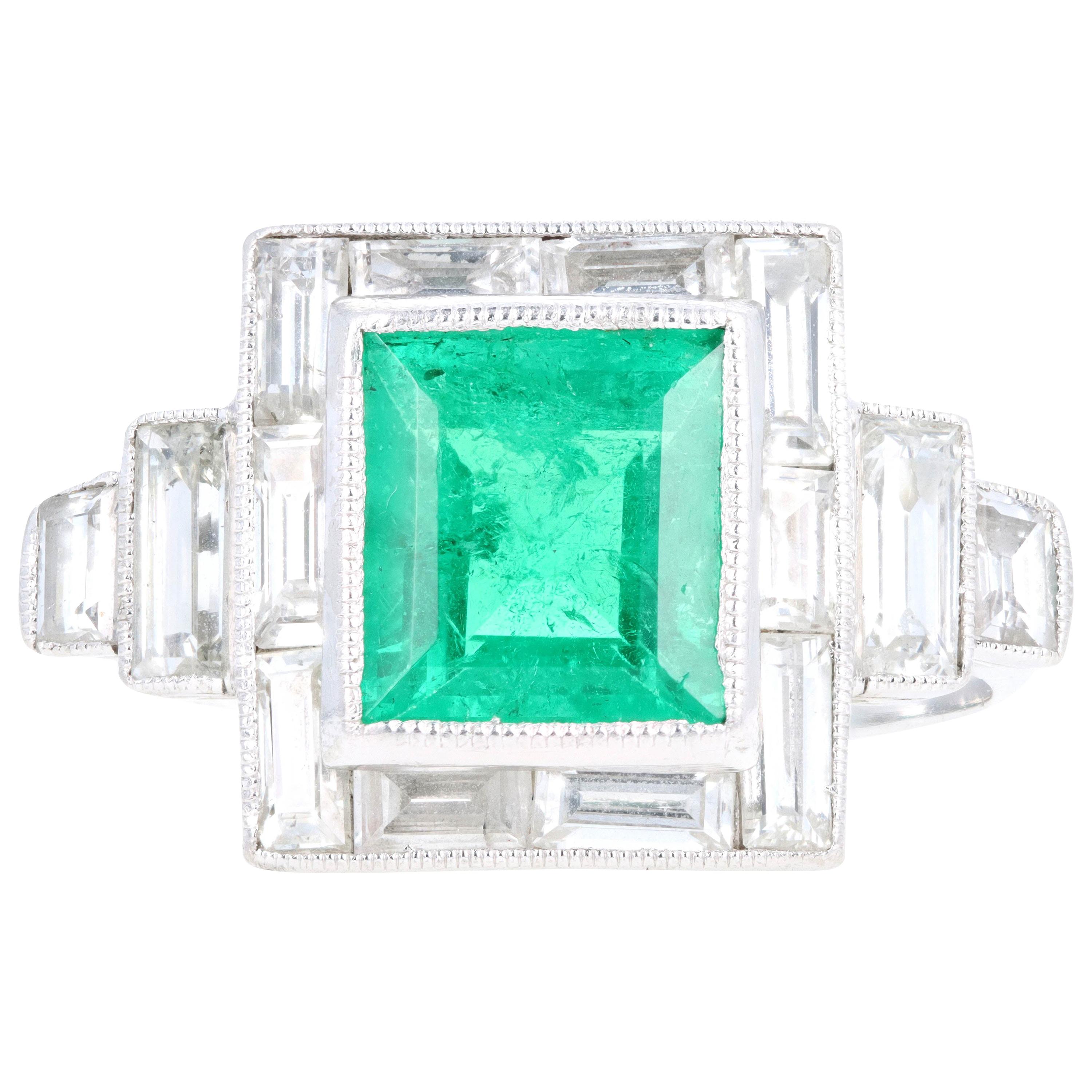 Art Deco Platinum 1.80 Carat Natural Columbian Emerald and Diamond Ring