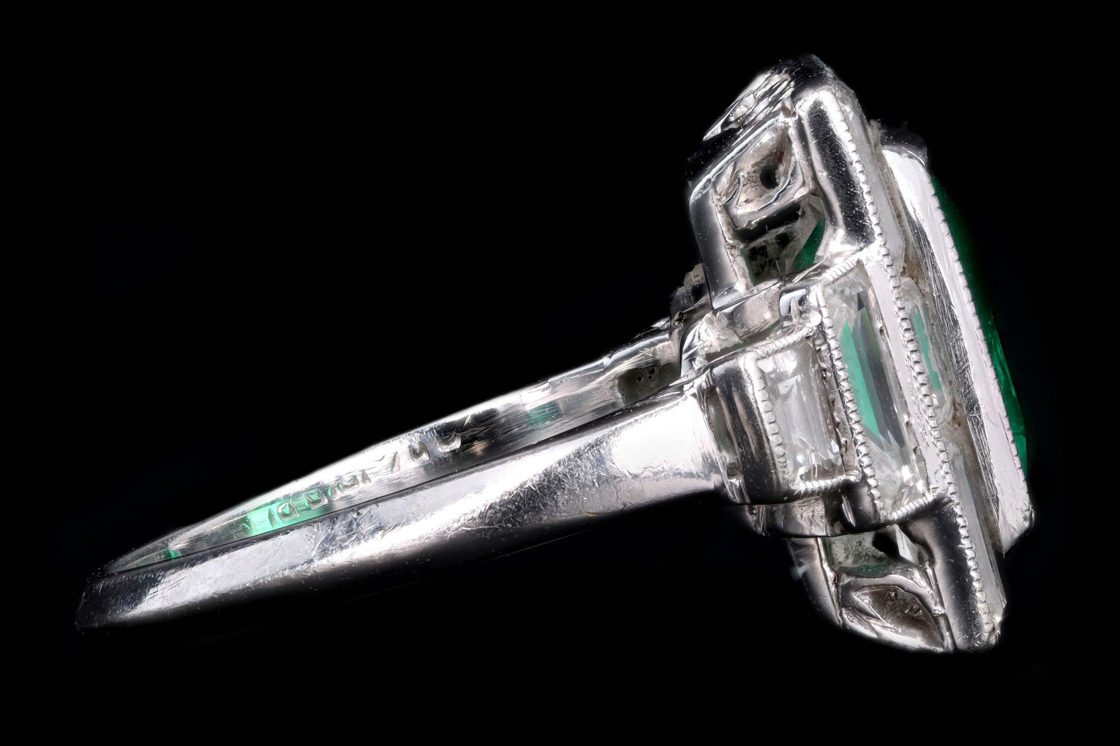 Emerald Cut Art Deco Platinum 1.80 Carat Natural Columbian Emerald and Diamond Ring