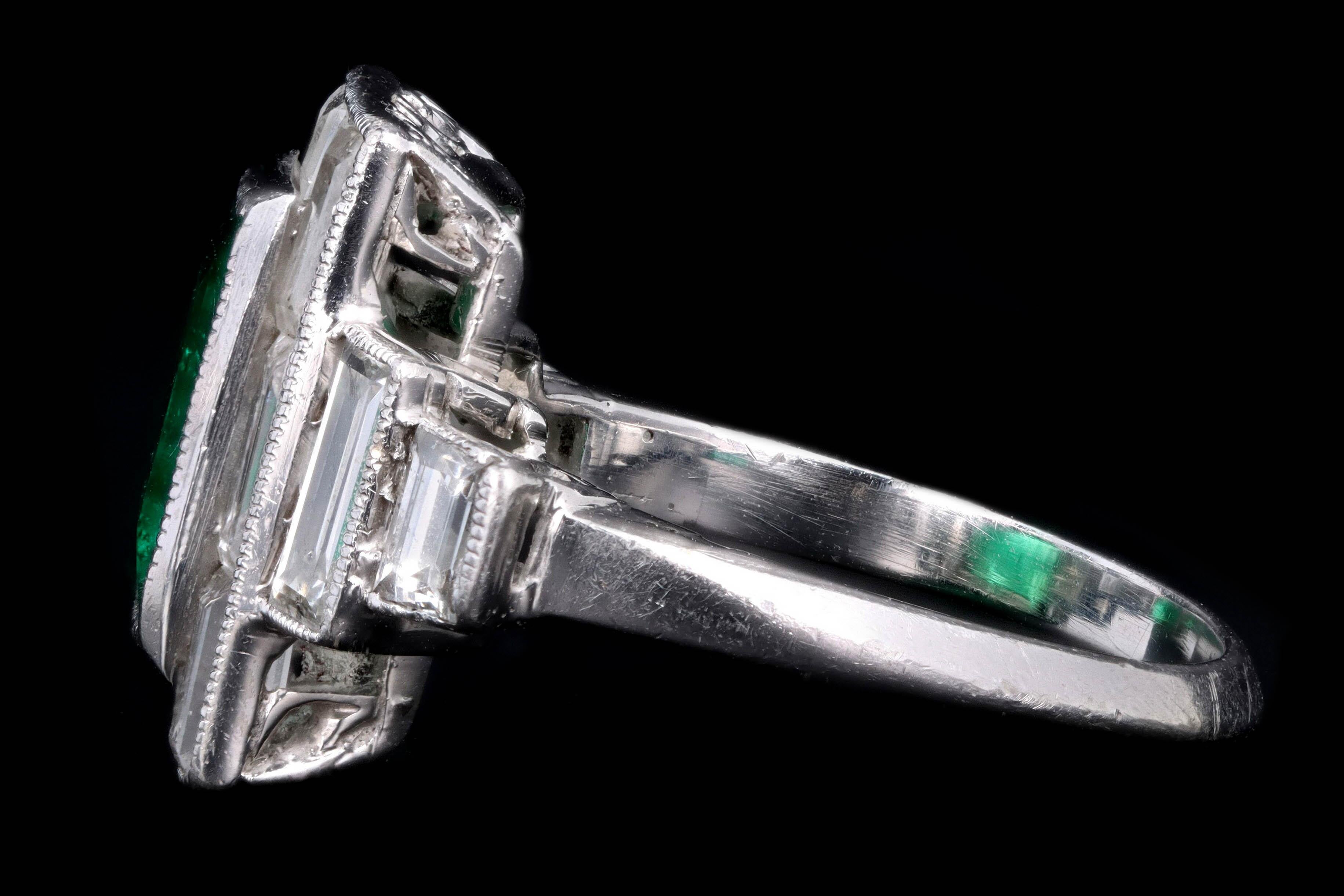 Art Deco Platinum 1.80 Carat Natural Columbian Emerald and Diamond Ring In Excellent Condition In Cape May, NJ