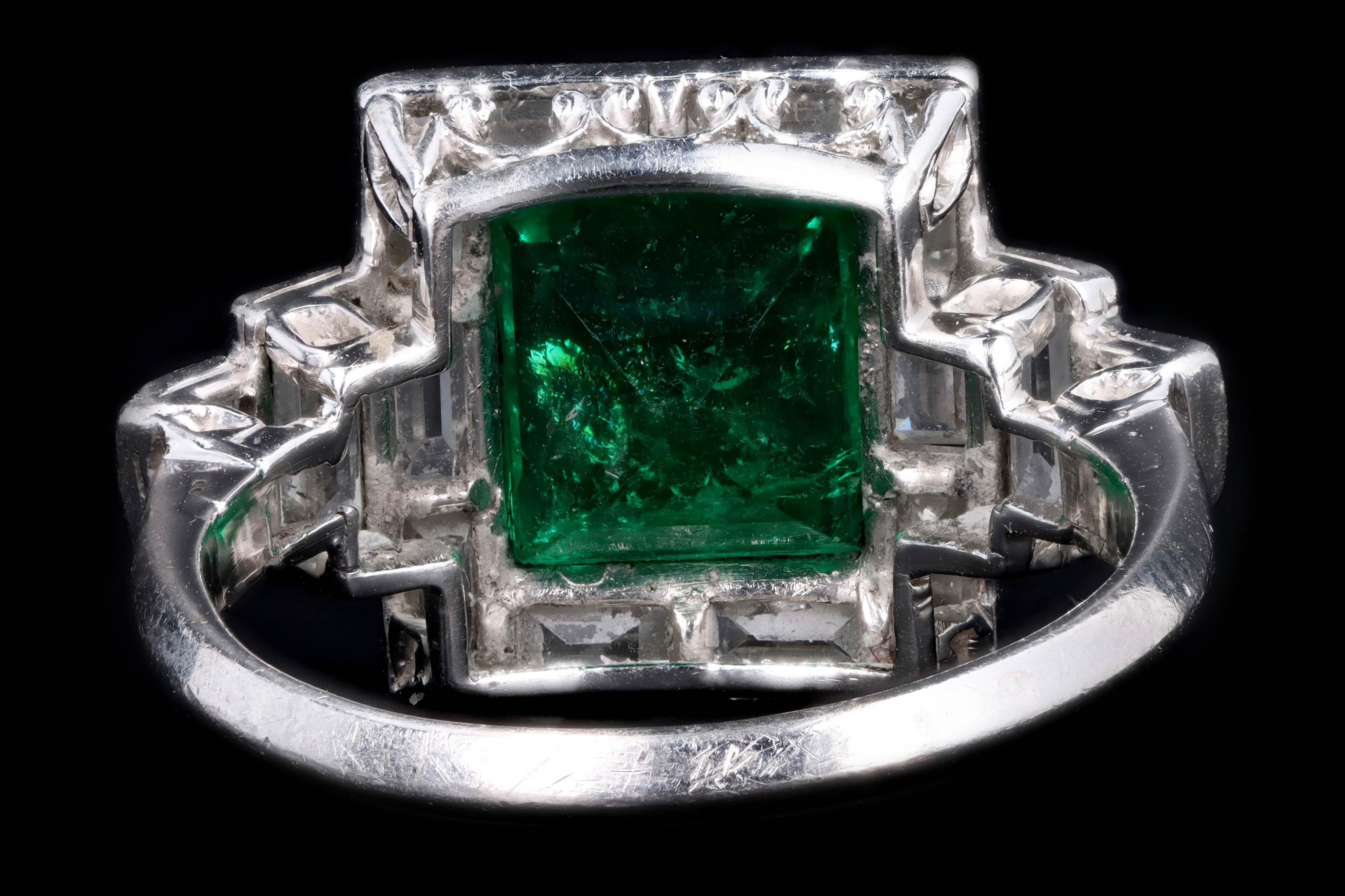 Women's Art Deco Platinum 1.80 Carat Natural Columbian Emerald and Diamond Ring