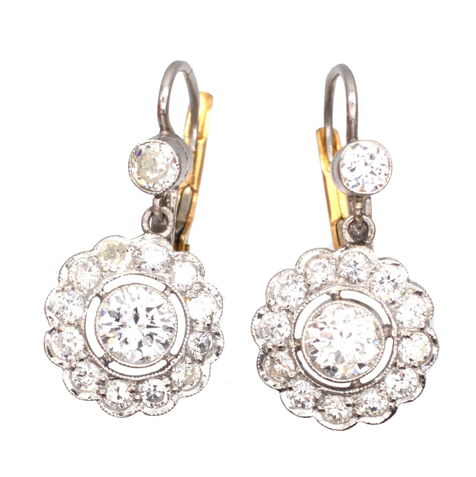 Art Deco Platinum & 18ct Gold, Diamond Cluster Drop Earrings