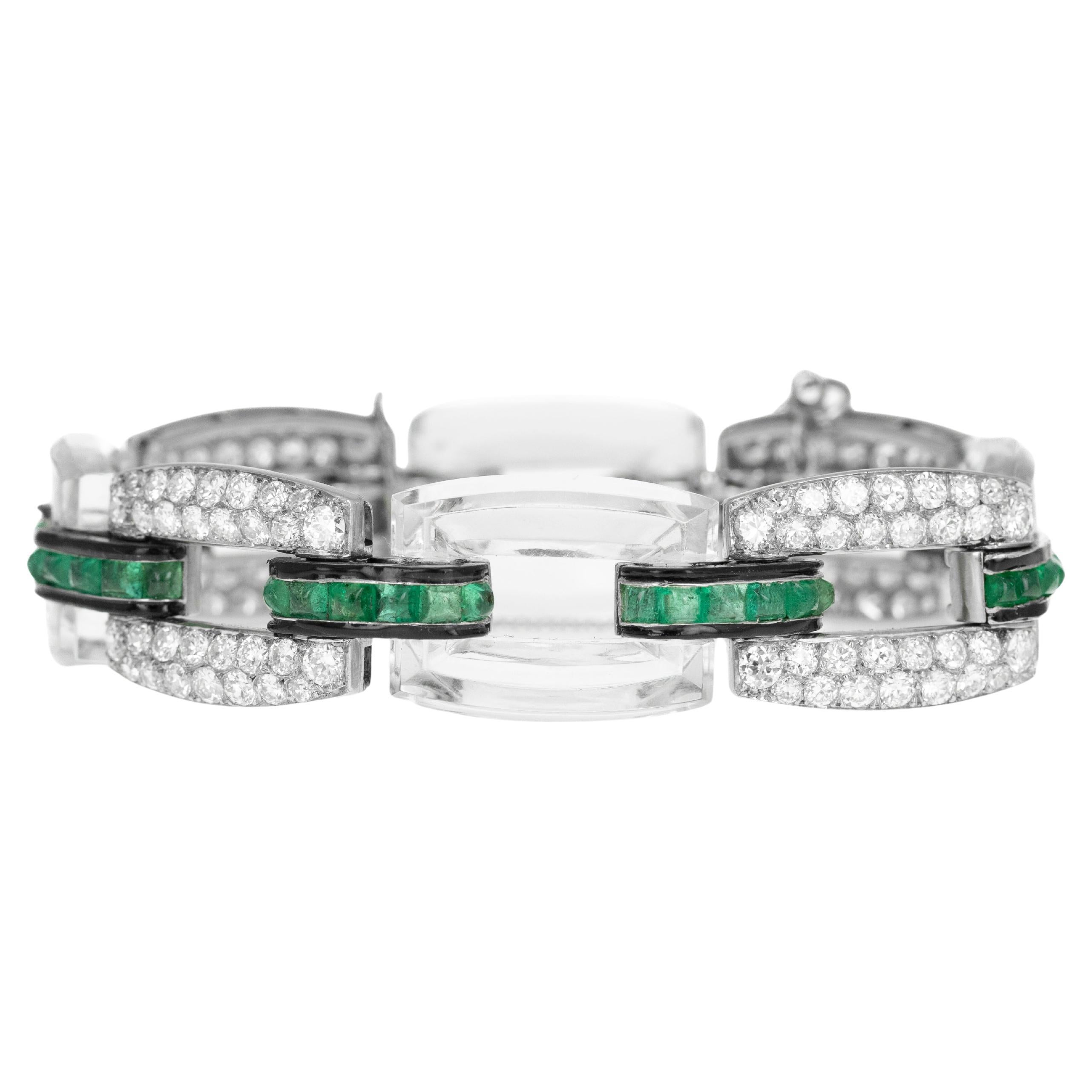Art Deco Platin & 18K 6 Karat Old Euro Diamant-Smaragd-Bergkristall-Armband