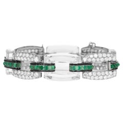 Pulsera Art Déco de Platino y Cristal de Roca Esmeralda con Diamante Viejo Euro de 6 Quilates y 18K