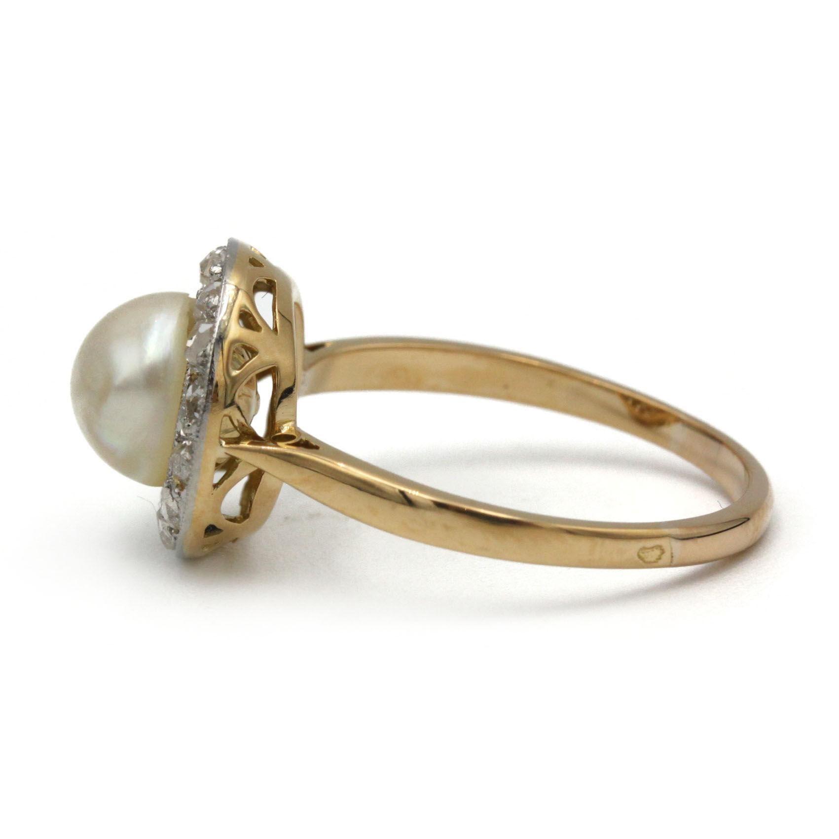 Rose Cut Art Deco Platinum & 18K Yellow Gold Pearl & Rose-Cut Diamond Halo Ring For Sale