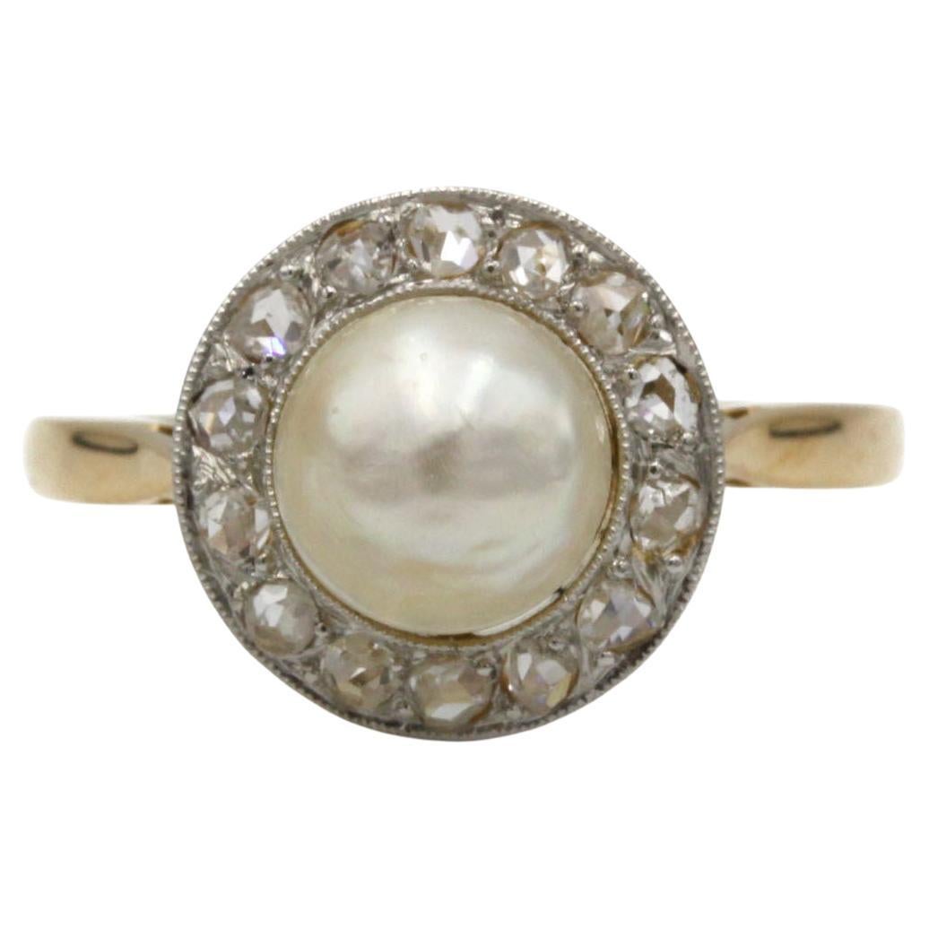 Art Deco Platinum & 18K Yellow Gold Pearl & Rose-Cut Diamond Halo Ring For Sale