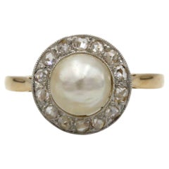 Art Deco Platinum & 18K Yellow Gold Pearl & Rose-Cut Diamond Halo Ring
