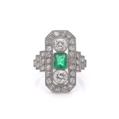 Art Deco Platinum & 18kt Gold Ring with Colombian Emerald and Old Cut Diamonds