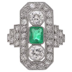 Art Deco Platinum & 18kt Gold Ring with Colombian Emerald and Old Cut Diamonds