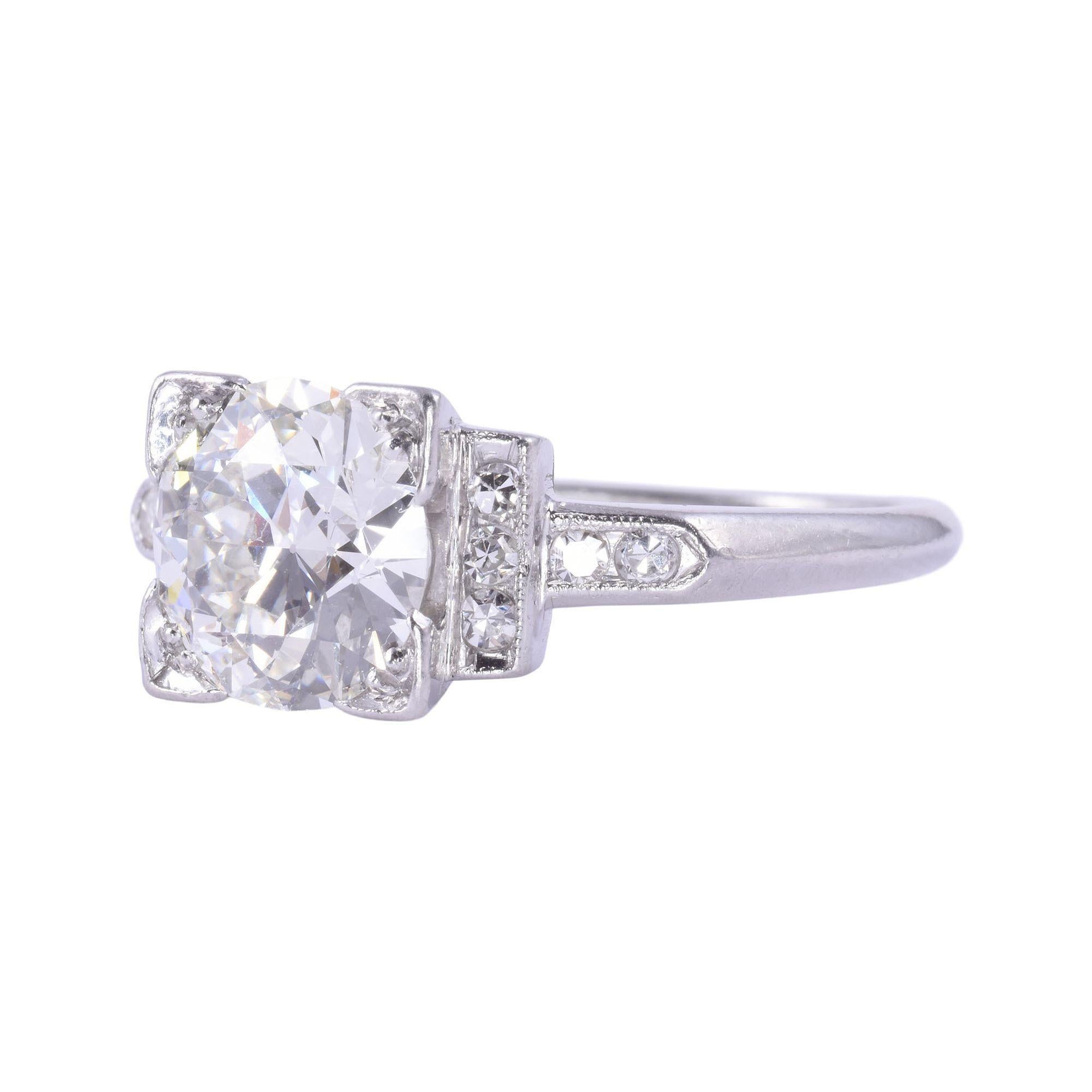 Old European Cut Art Deco Platinum 1.95 Carat Center Diamond Engagement Ring For Sale